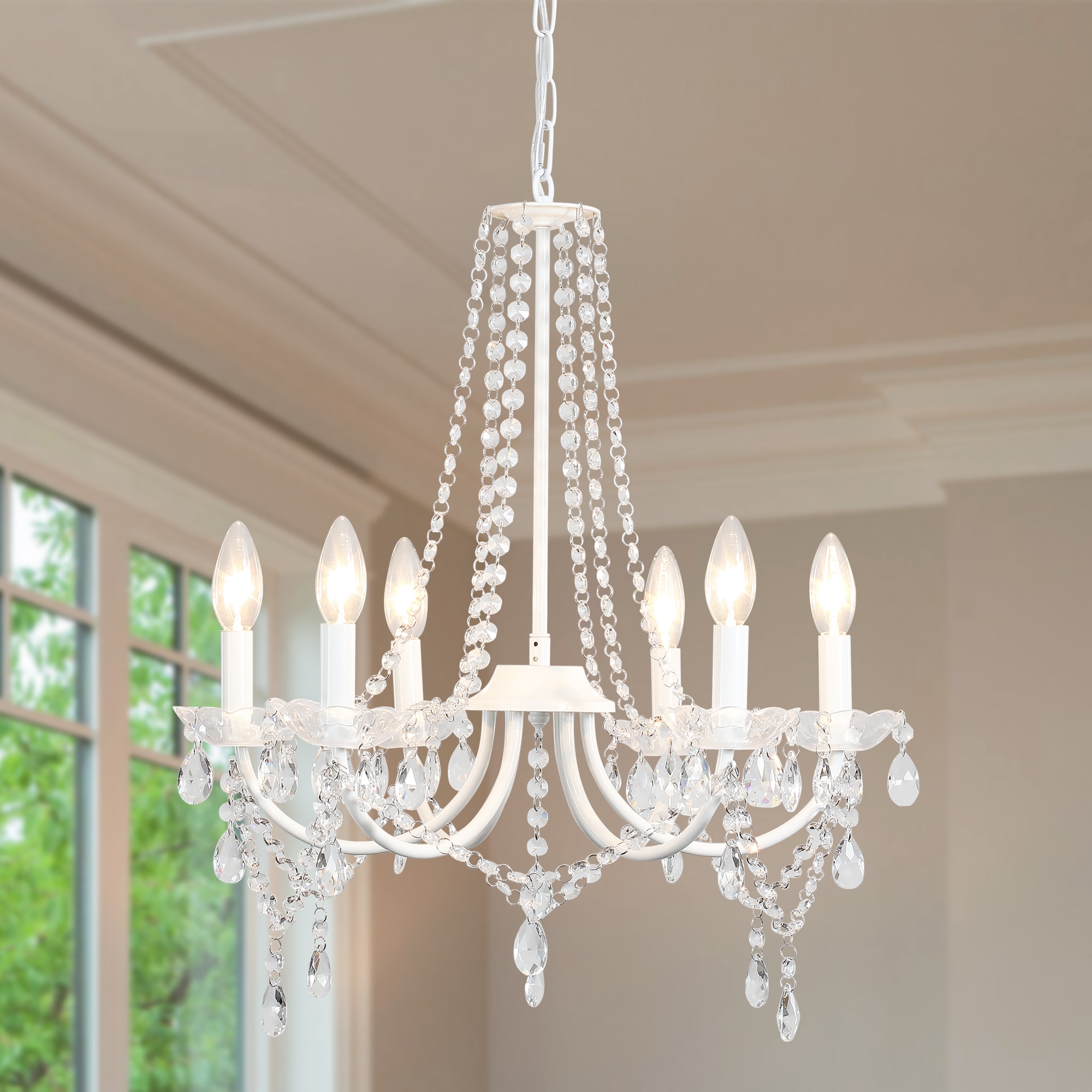 Zjvaive 6-Light 20.08in White Crystal Chandelier Adjustable 23.62-82.68in Chain E12 Socket Max 60W Farmhouse Ceiling Light Fixture Bulbs Not Included for Living Room Dining Room Bedroom #LS1-2-D6017-6-SW