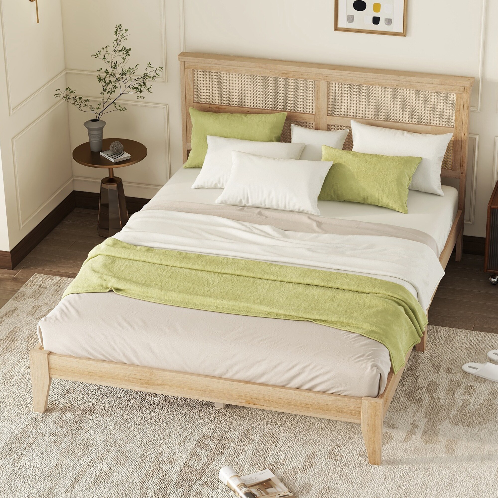 GDFStudio - Freja Scandinavian Solid Wood Low-Profile Platform Bed with Faux Rattan Headboard Sla...