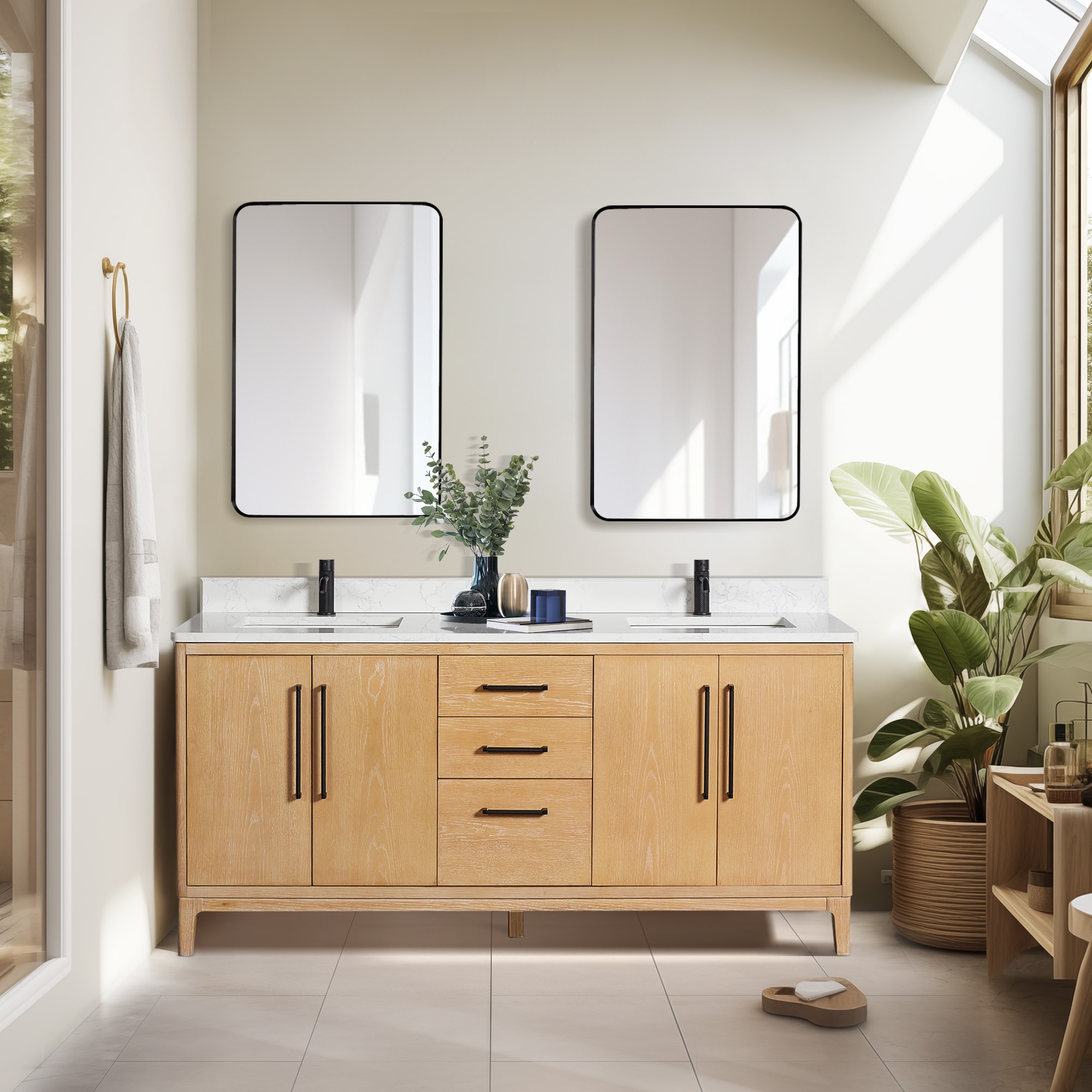 Vinnova 706772-WA-GW-NM Gara 72-in Washed Ash Grey Finish Undermount Double Sink Bathroom Vanity with White Grain Engineered Stone Top