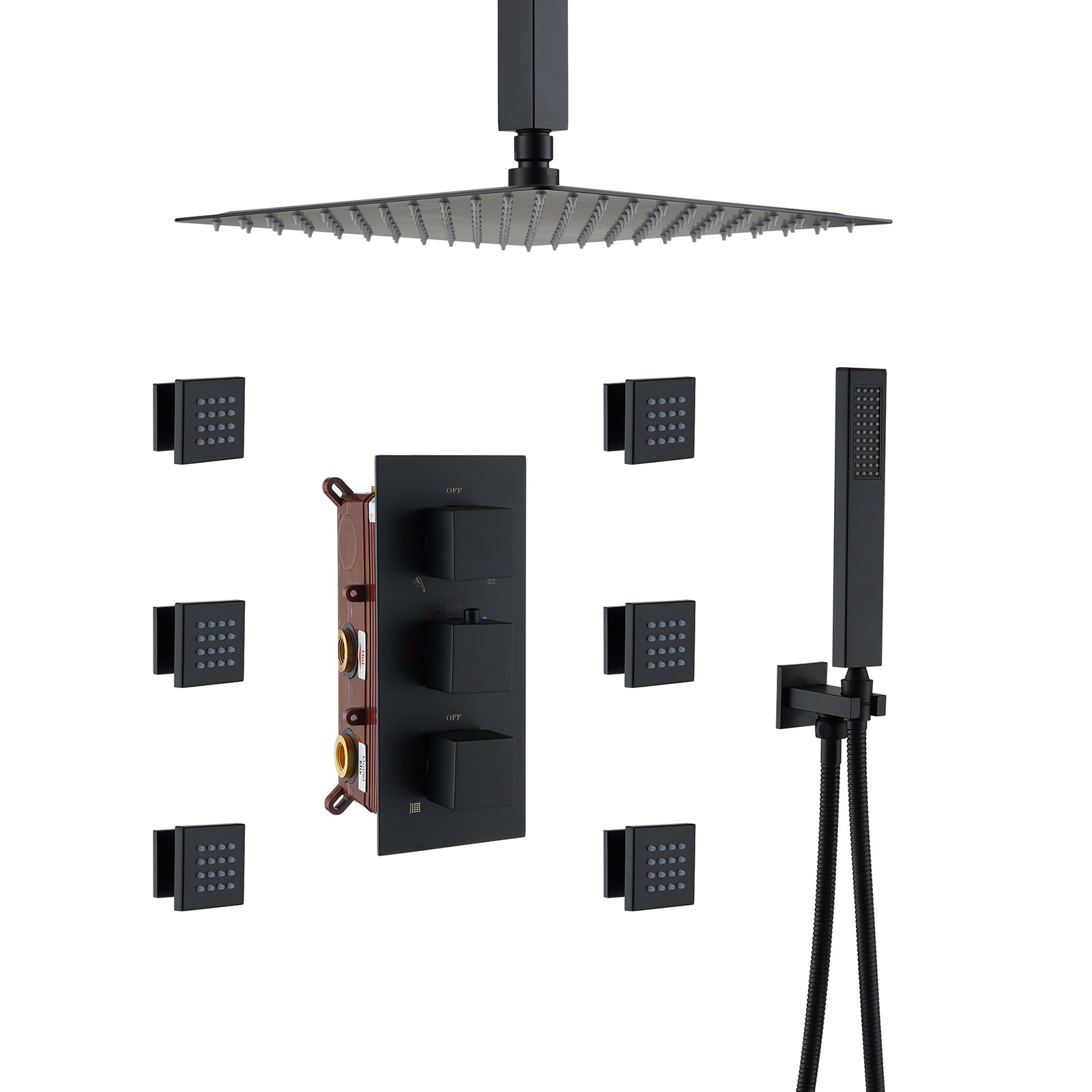 Mondawe WF6823-12BG Matte Black 12-in Built-In Shower Faucet System with 3-way Diverter ( Pressure-balanced Valve Included )