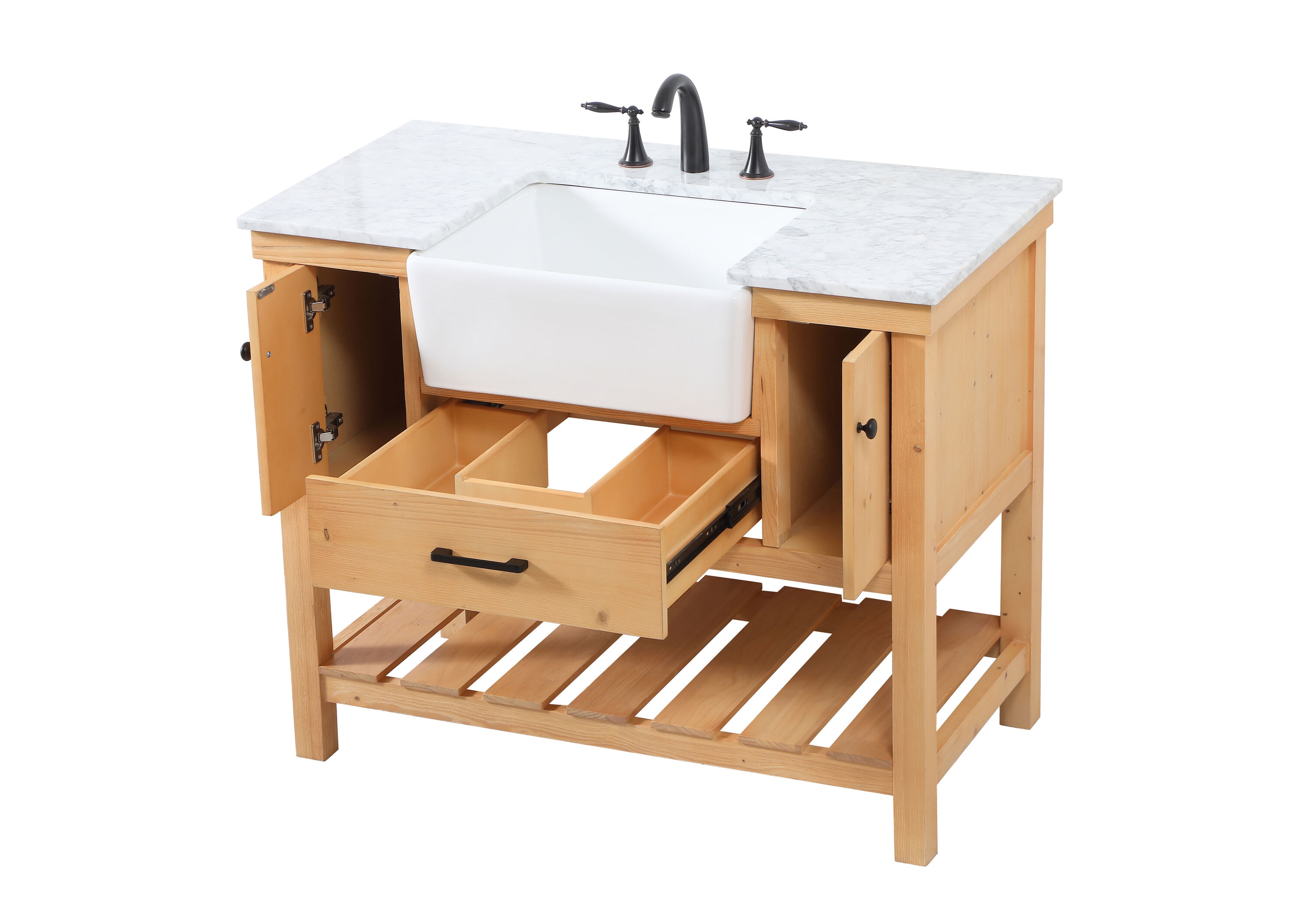 Natural Wood Single Sink Vanity with White Marble Top