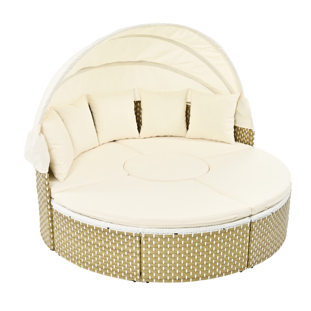 BABOOM BOM-0068ORTPX Rattan Daybed with Retractable Canopy Rattan Outdoor Sectional with Off-white Cushions and Steel Frame