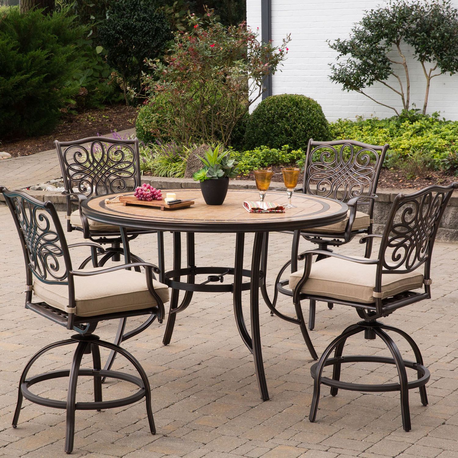 Hanover MONDN5PCBR-C Monaco 5-Piece Bronze Patio Dining Set with Tan Cushions