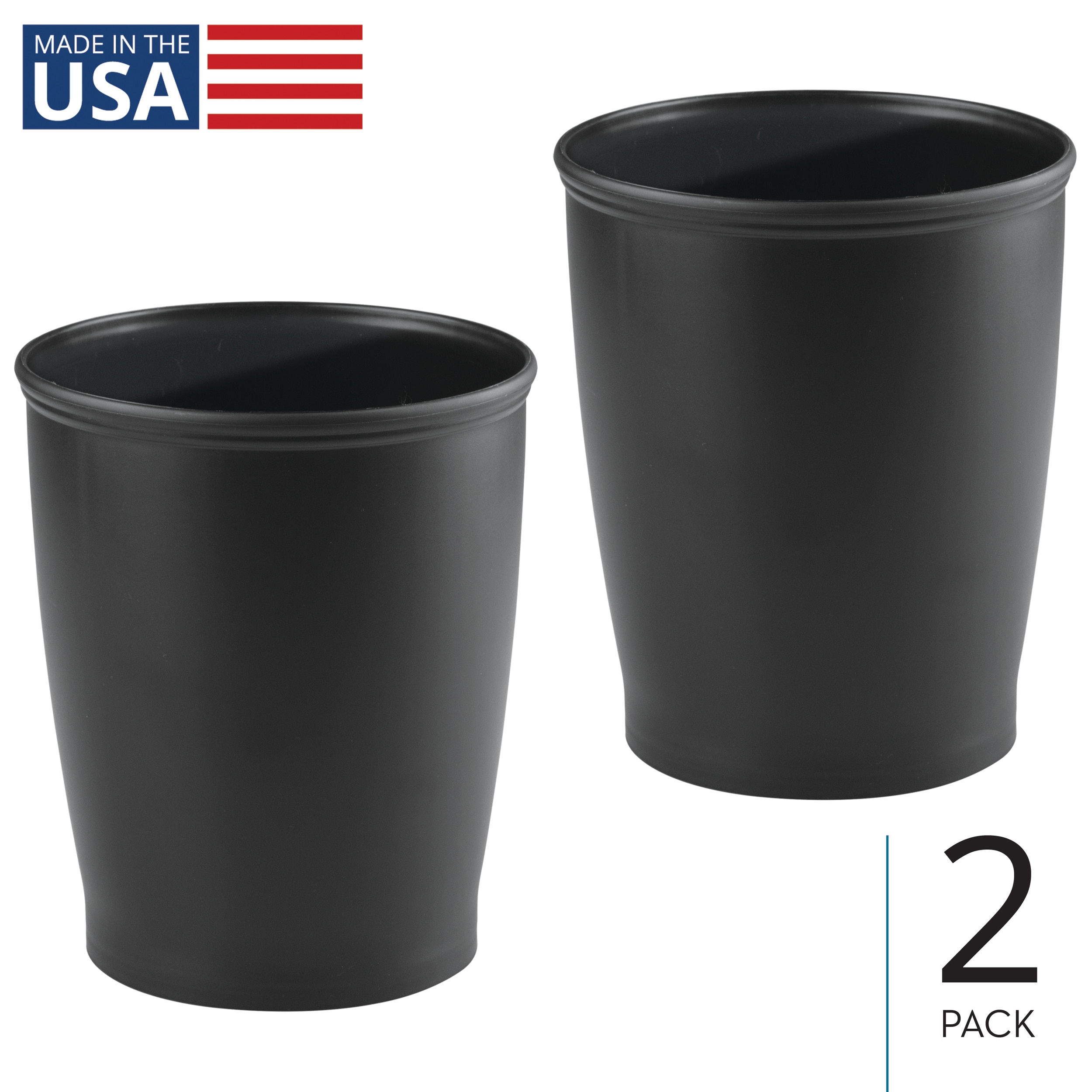 iDesign Round Plastic Bathroom Trash Cans - Set of 2 - Black - Made in USA