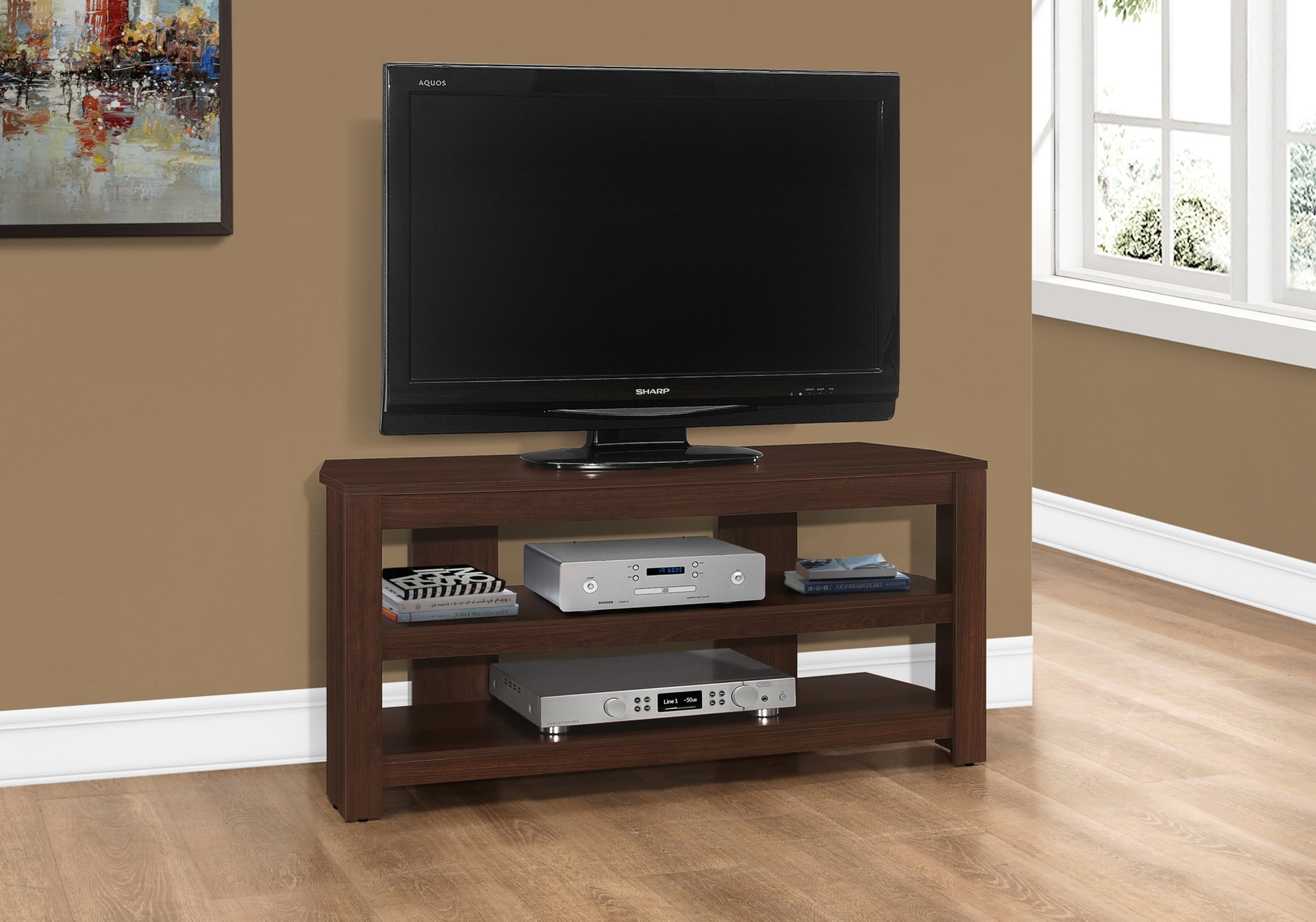 LUXEYARD TV Stand 42 Inch Console Media Entertainment Center Storage Shelves Living Room Bedroom Brown Laminate Contemporary Modern