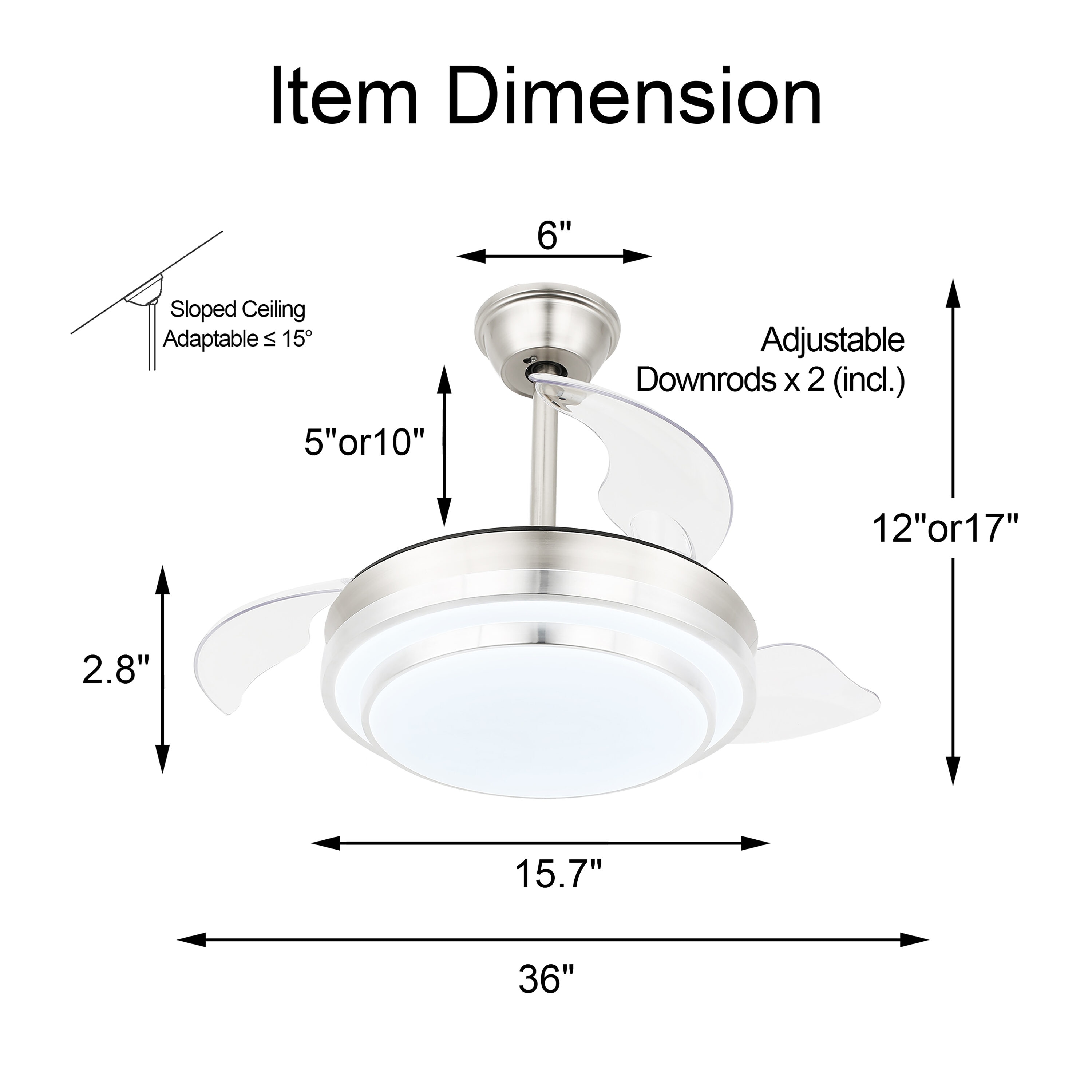 Bella Depot Retractable Ceiling Fan 36-in Silver with Acrylic Blades ...