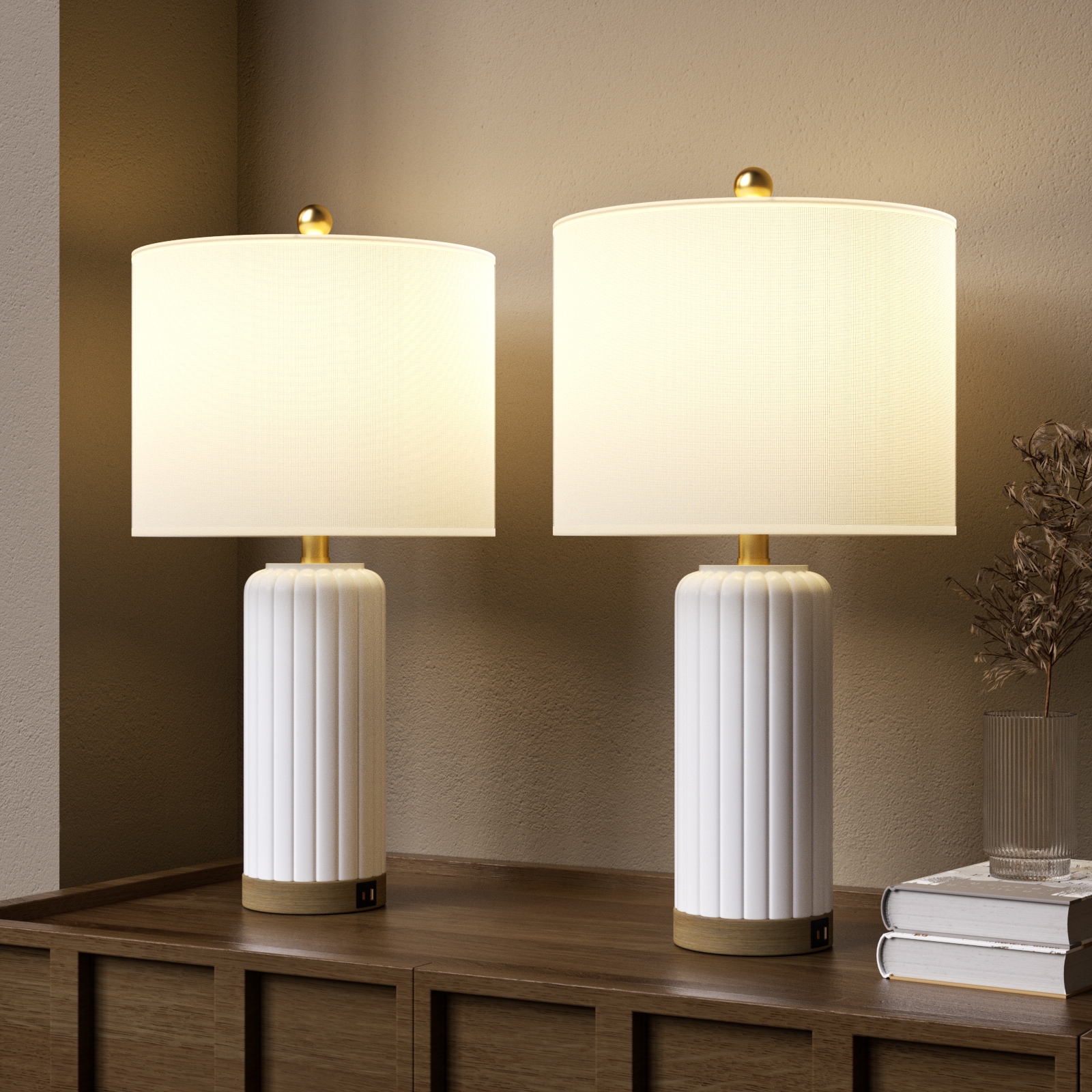 Maxax T236-WH Deluxe 24.5-in White LED Incandescent Rotary socket Table Lamp with Linen Shade 2 -Set