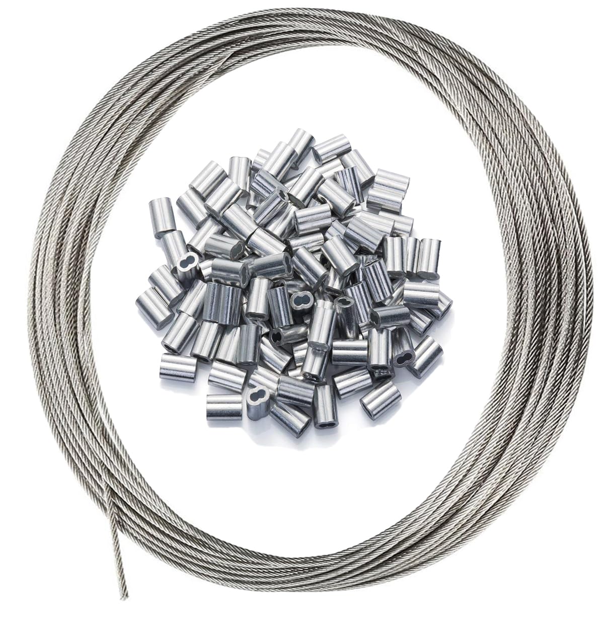 Etokfoks  1 16 in x 100 ft Stainless Steel Vinyl Coated Wire Rope Kit with 50 Crimping Sleeves 7x7 Strands Silver