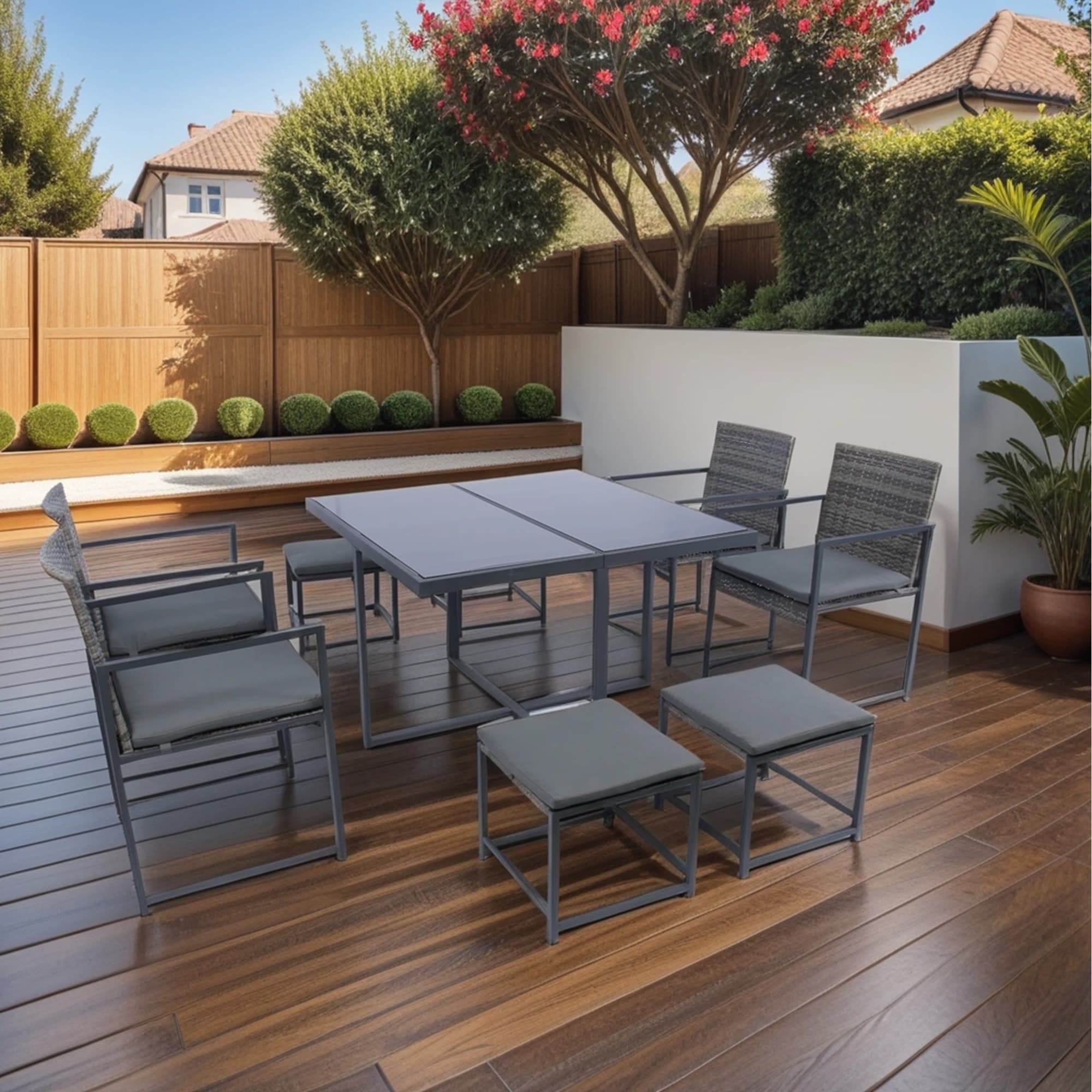 Nestfair HP329S41 9 -Piece Gray Wicker Patio Dining Set Steel Square Table with 4 Dark gray Cushions Stackable Stationary Chairs