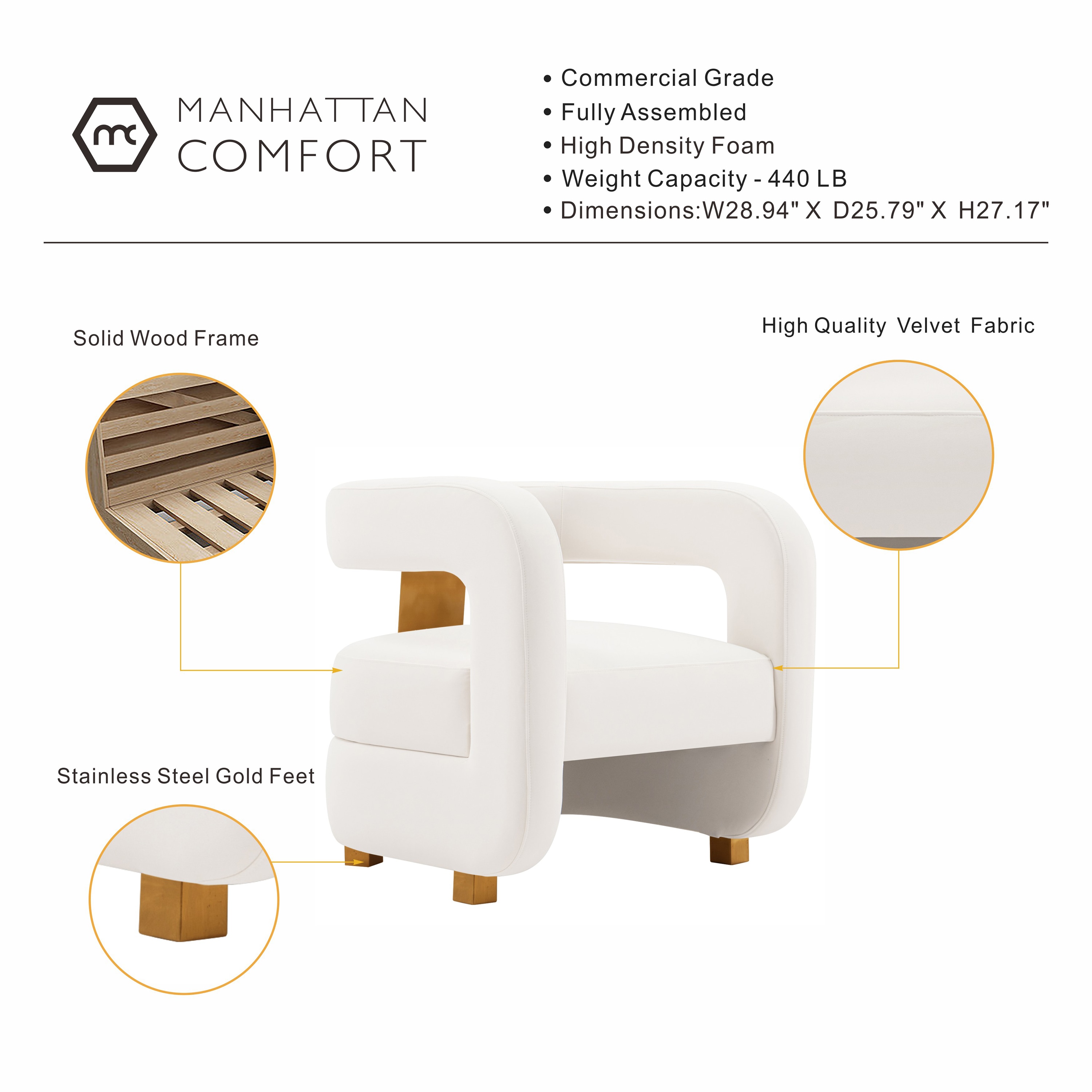 White Velvet Geometric Accent Chair with Gold Legs