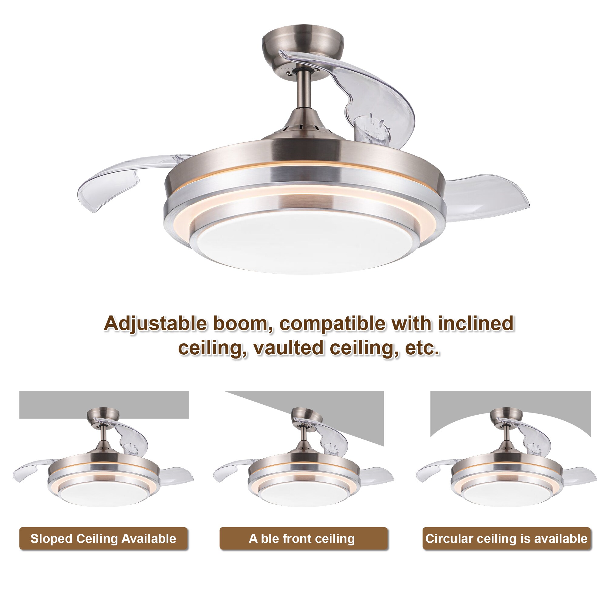 WELLFOR Multi-Speed LED Retractable Ceiling Fan 42-in Brushed