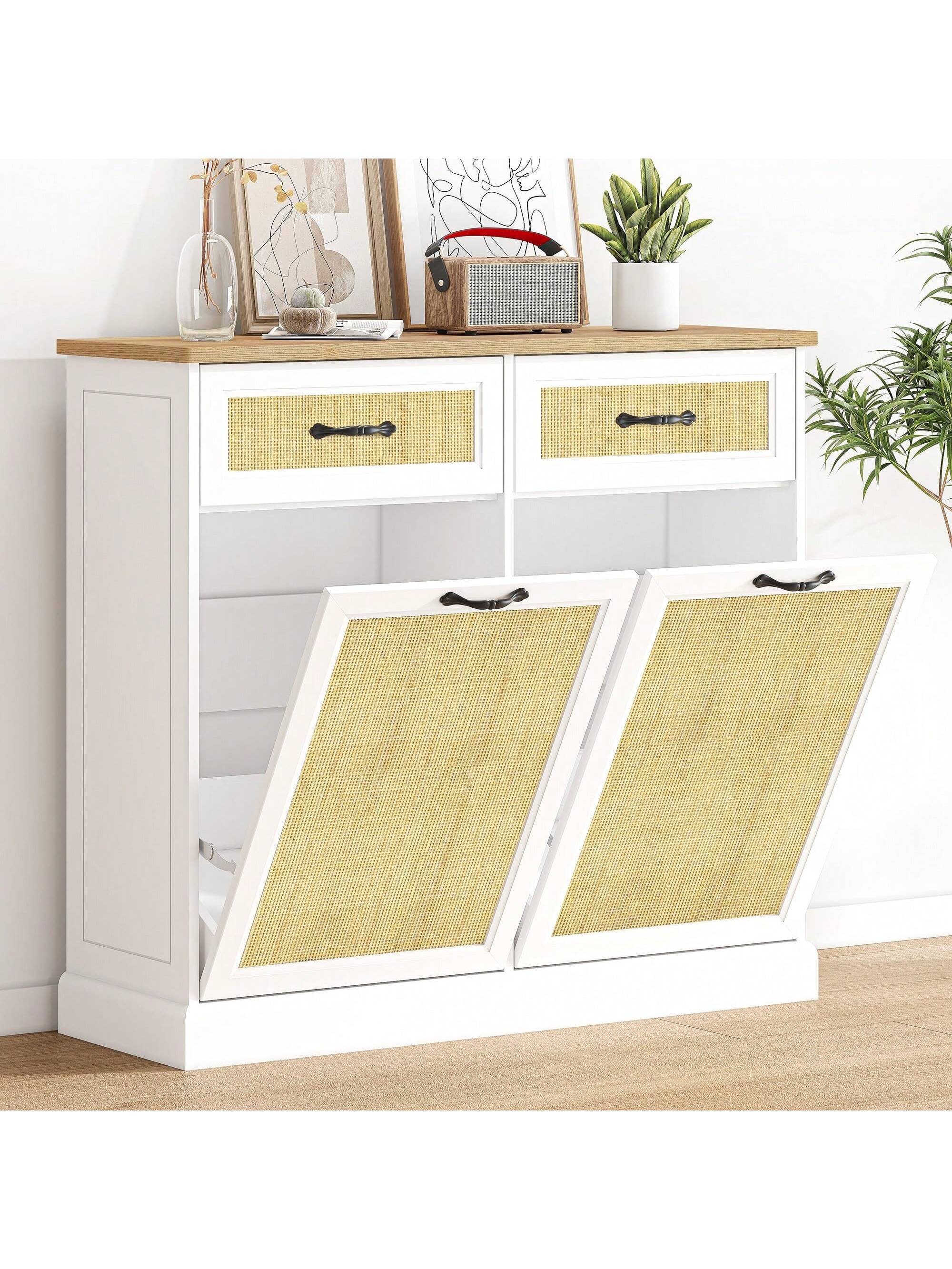 Qeetex PHO-0YZQBZTR-HF4 Tilt Out Trash Cabinet - Hidden Trash Cabinet With 20 Gallon Storage Freestanding Trash Can Cabinet Hidden Pet-Proof Garbage Can Cabinet For Kitchen Dining Room