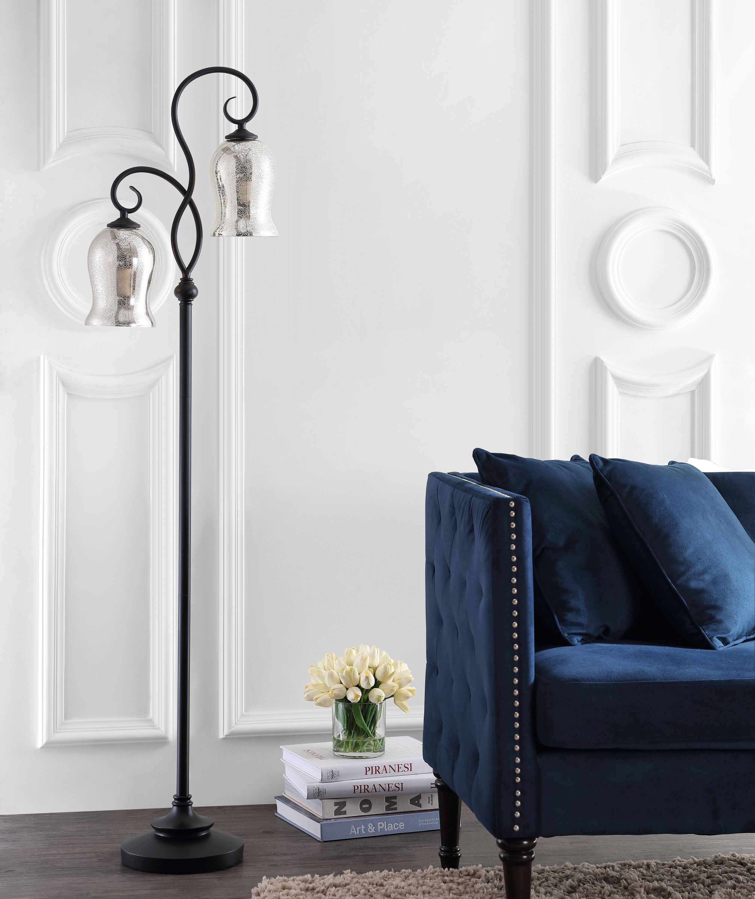 Claudia 63.5" Black Curved Floor Lamp with Silver Ivory Glass Shades