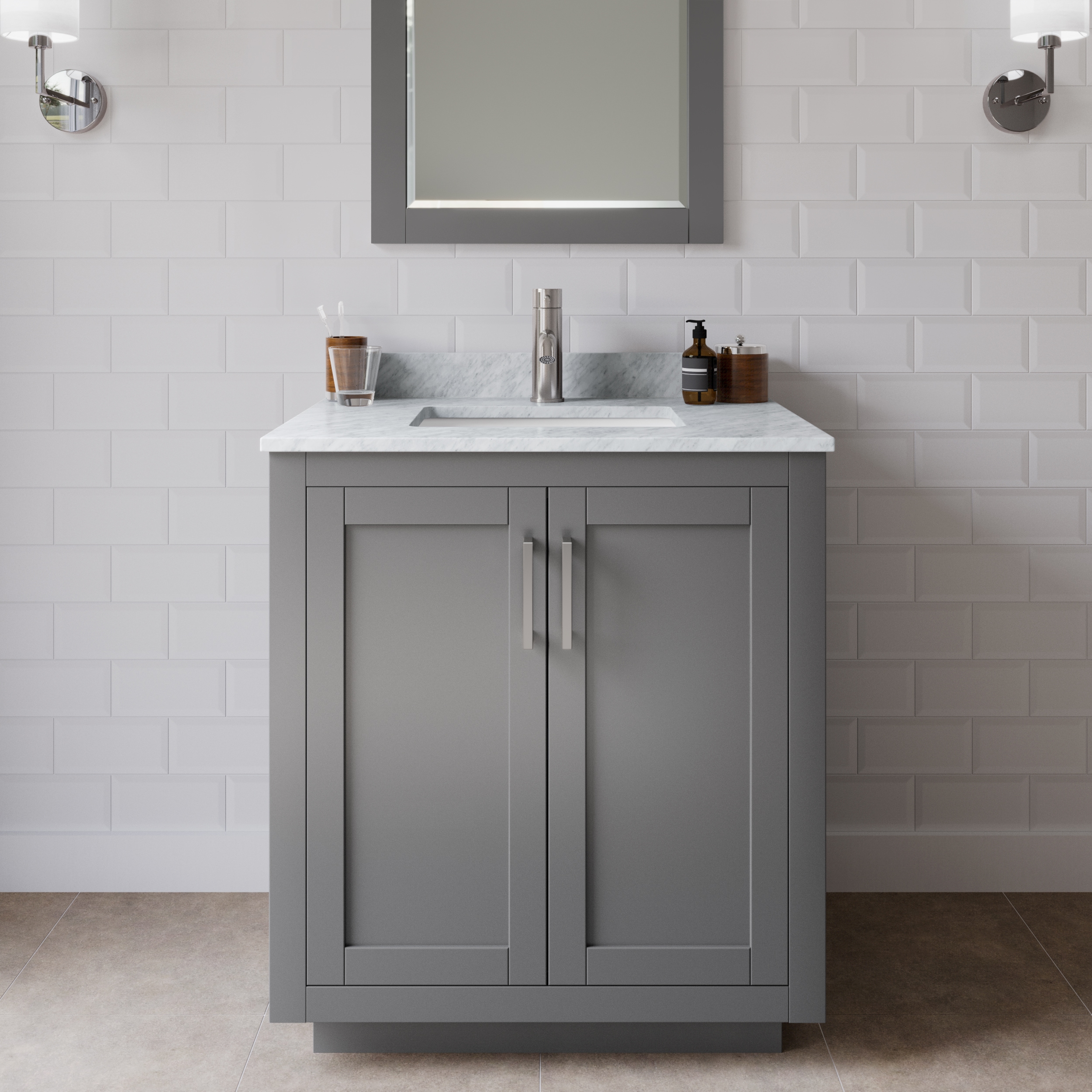Wyndham Collection WCF292930SKGCMUNSMXX Miranda 30-in Dark Gray with Brushed Nickel Trim Undermount Single sink Bathroom Vanity with White Carrara Marble Marble Top