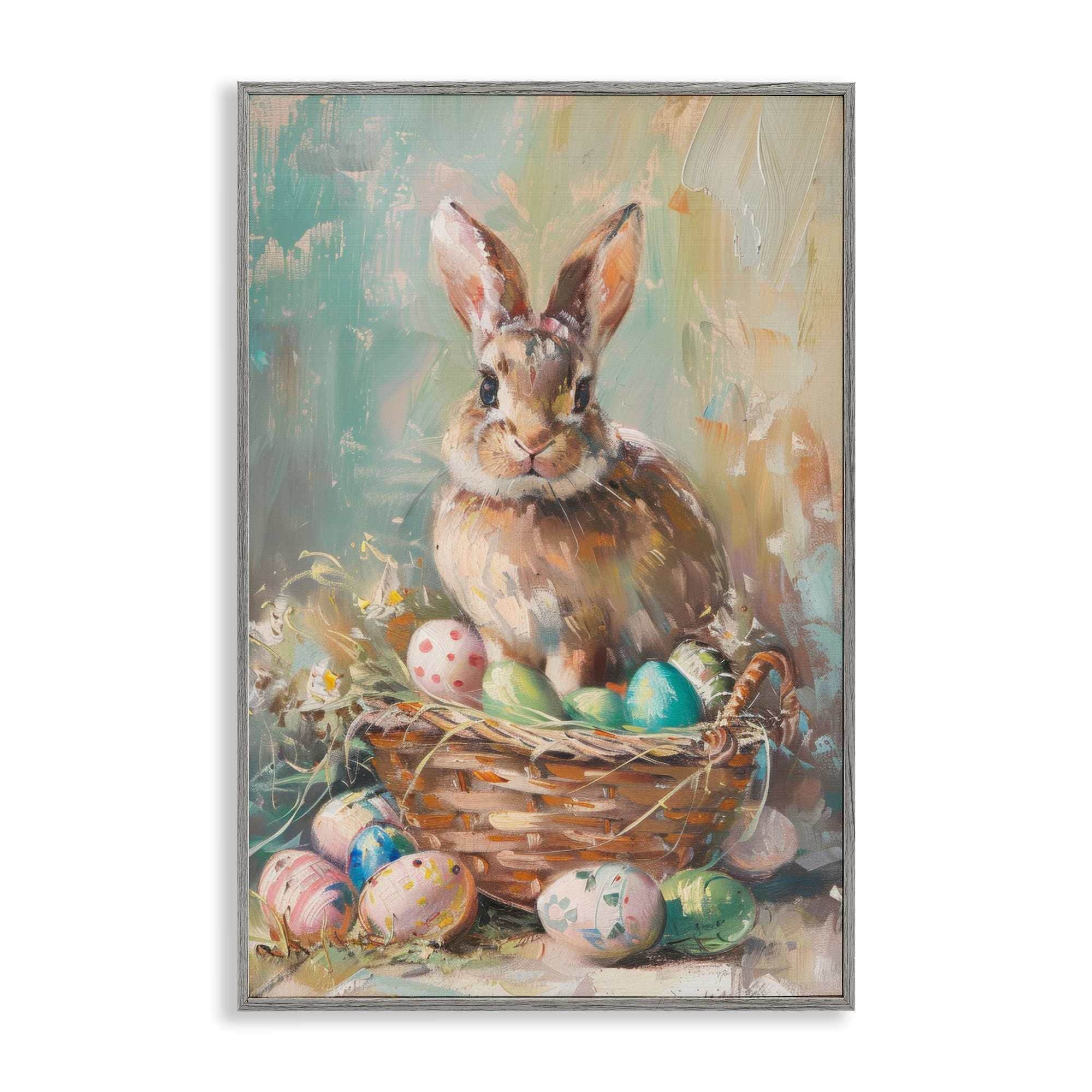 Stupell Industries - Spring Easter Bunny Basket Gray Framed Giclee Art 20 x 30