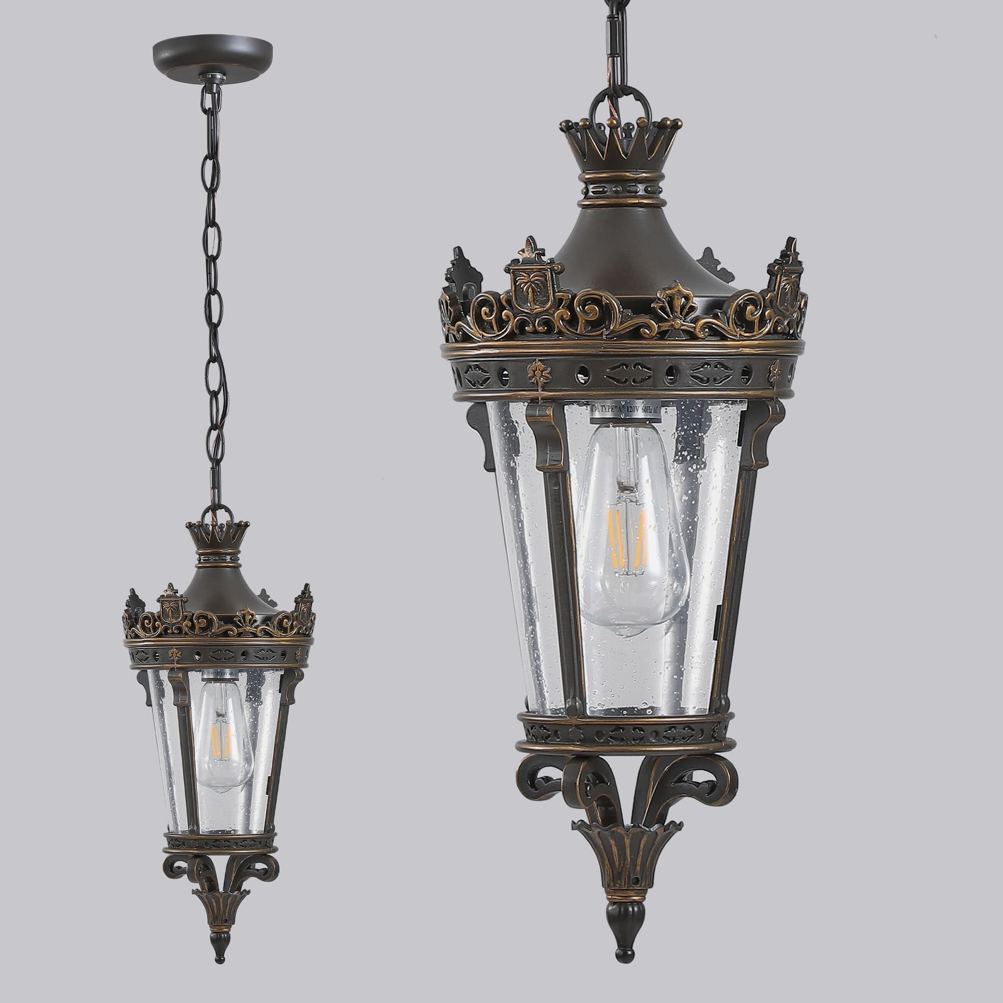 JCFL OL-ELL-12 18 in. Antique Crown Outdoor Hanging Lantern Waterproof Vintage Pendant Light with Ornate Metal Design and Clear Glass