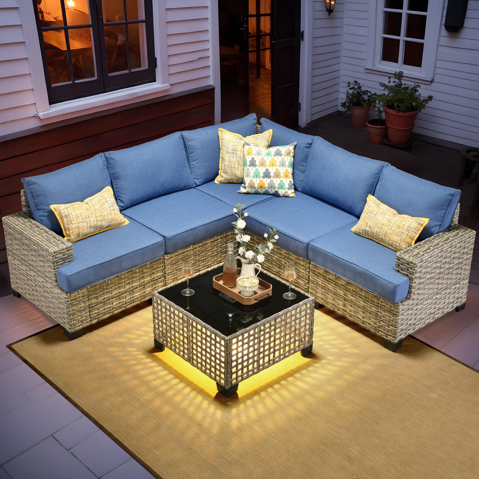 Caodoc L5-TBS506-1 TBS Rattan Outdoor Sectional with Blue Cushions and Wicker Frame