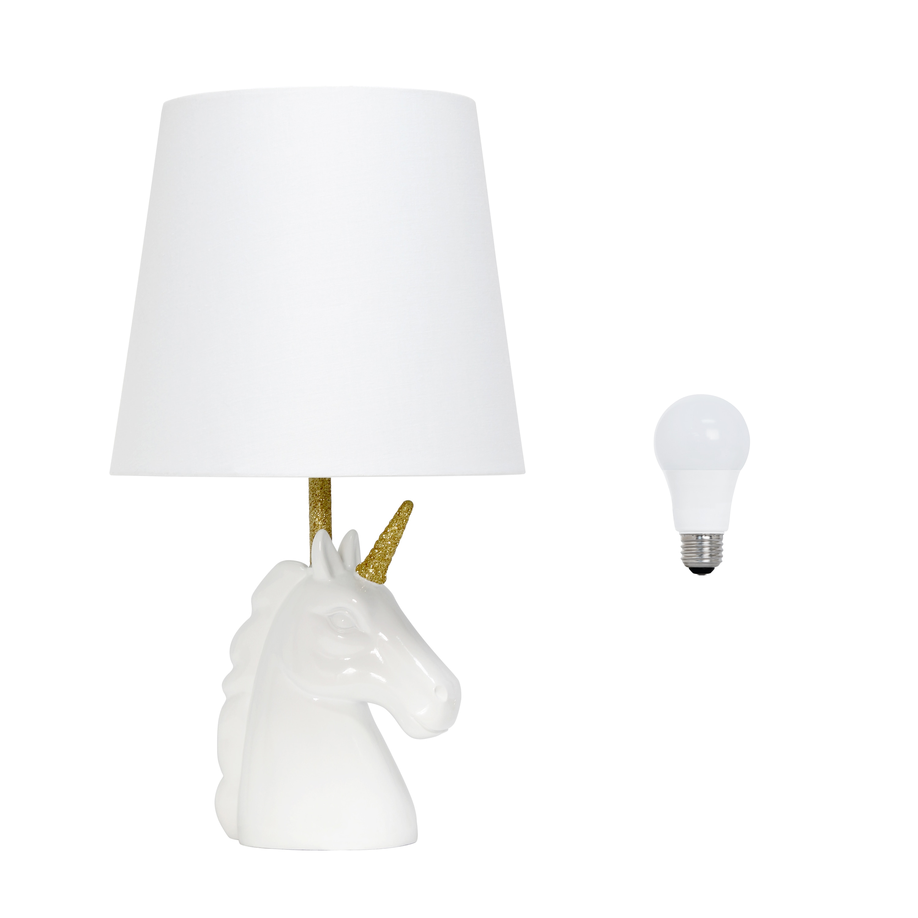 Simple Designs LT1078-WHT-LB 15.5-in White/Gold Glitter LED On/Off switch Table Lamp with Fabric Shade