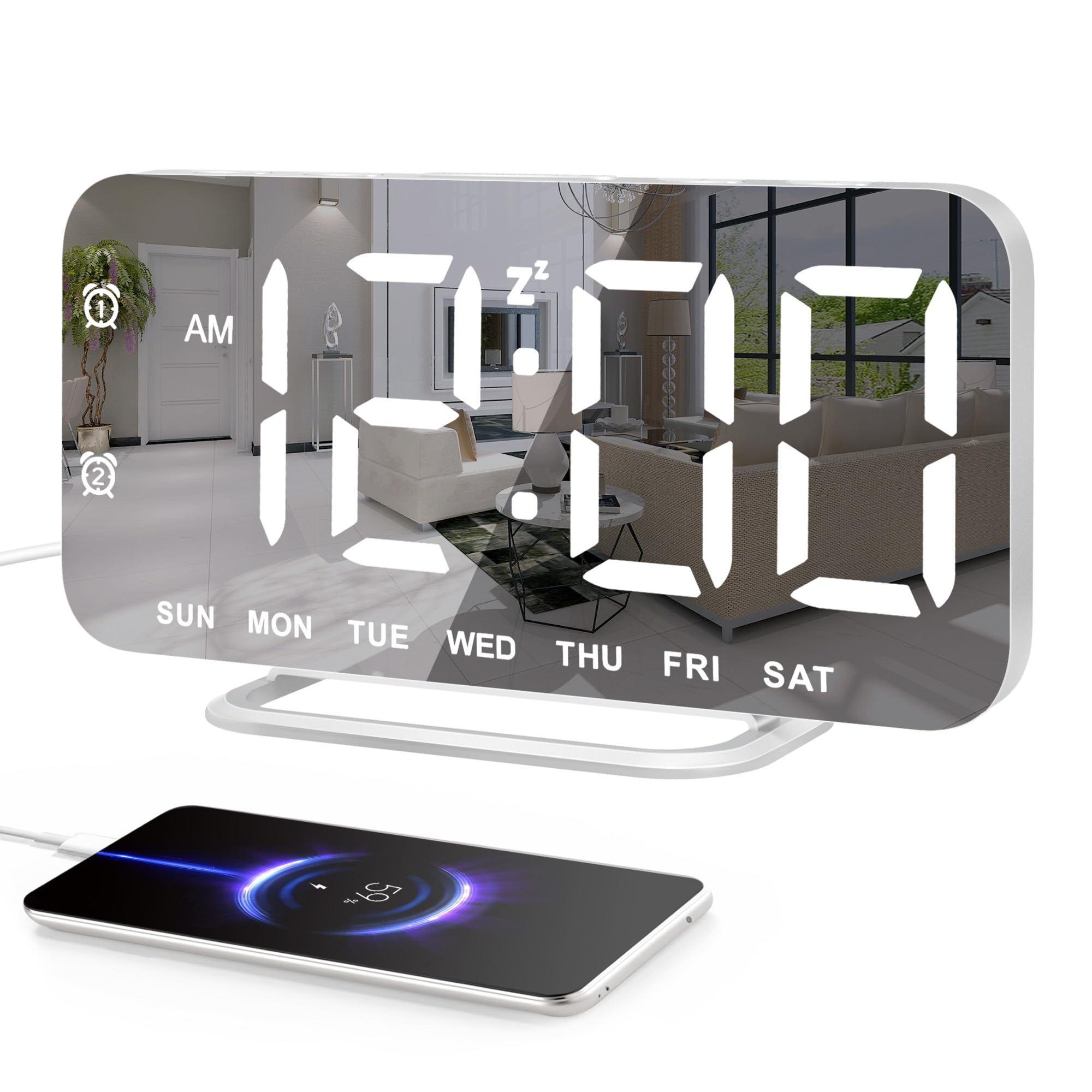 JALL  Slim Mirror Alarm Clock (White) 95 Degree Tilt Angle Large Digits Dual Alarms 5 Volume Levels 2 USB Ports Great for Makeup and Bedside