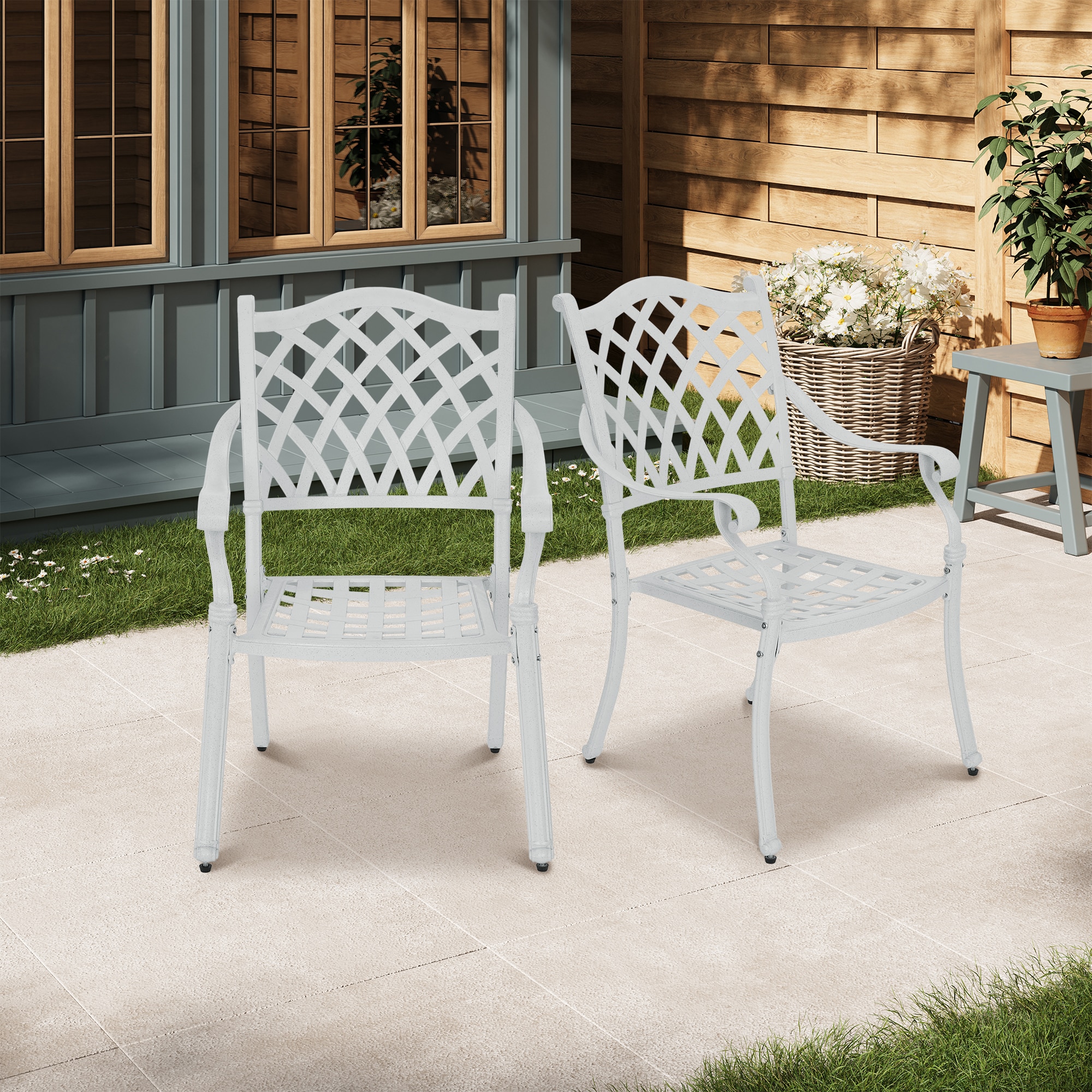 White Cast Aluminum Outdoor Dining Arm Chair Set