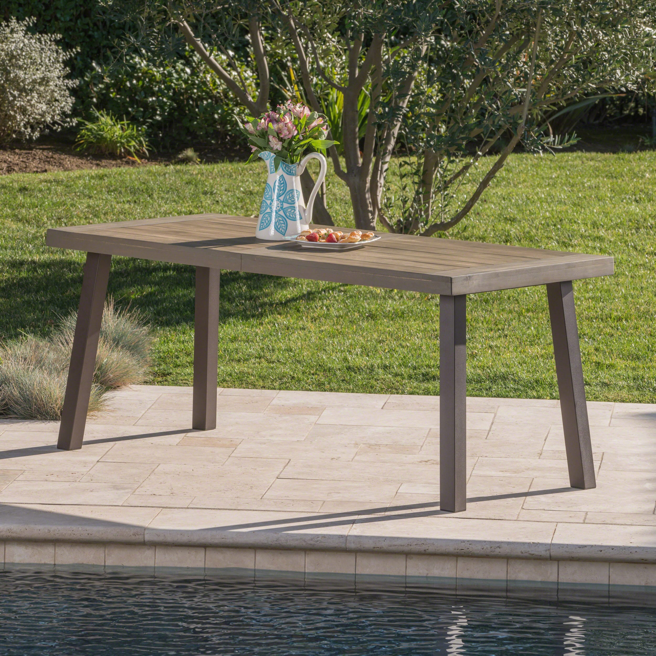 Christopher Knight Home 303634 Della Outdoor Grey Finished Acacia Wood Dining Table with Rustic Metal Legs