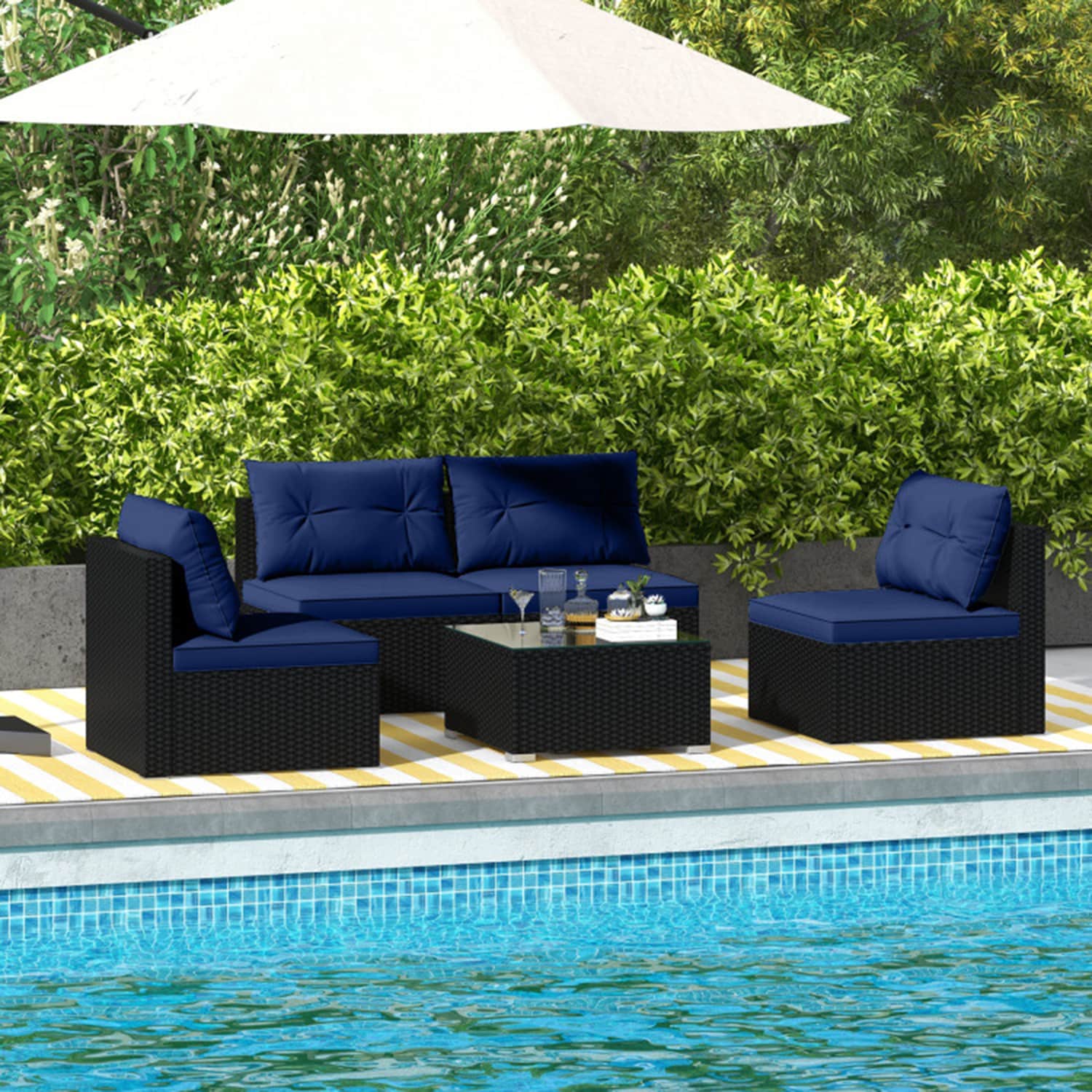 Mondawe MO-HW73008NY Rattan Outdoor Sectional with Blue Cushions and Rattan Frame