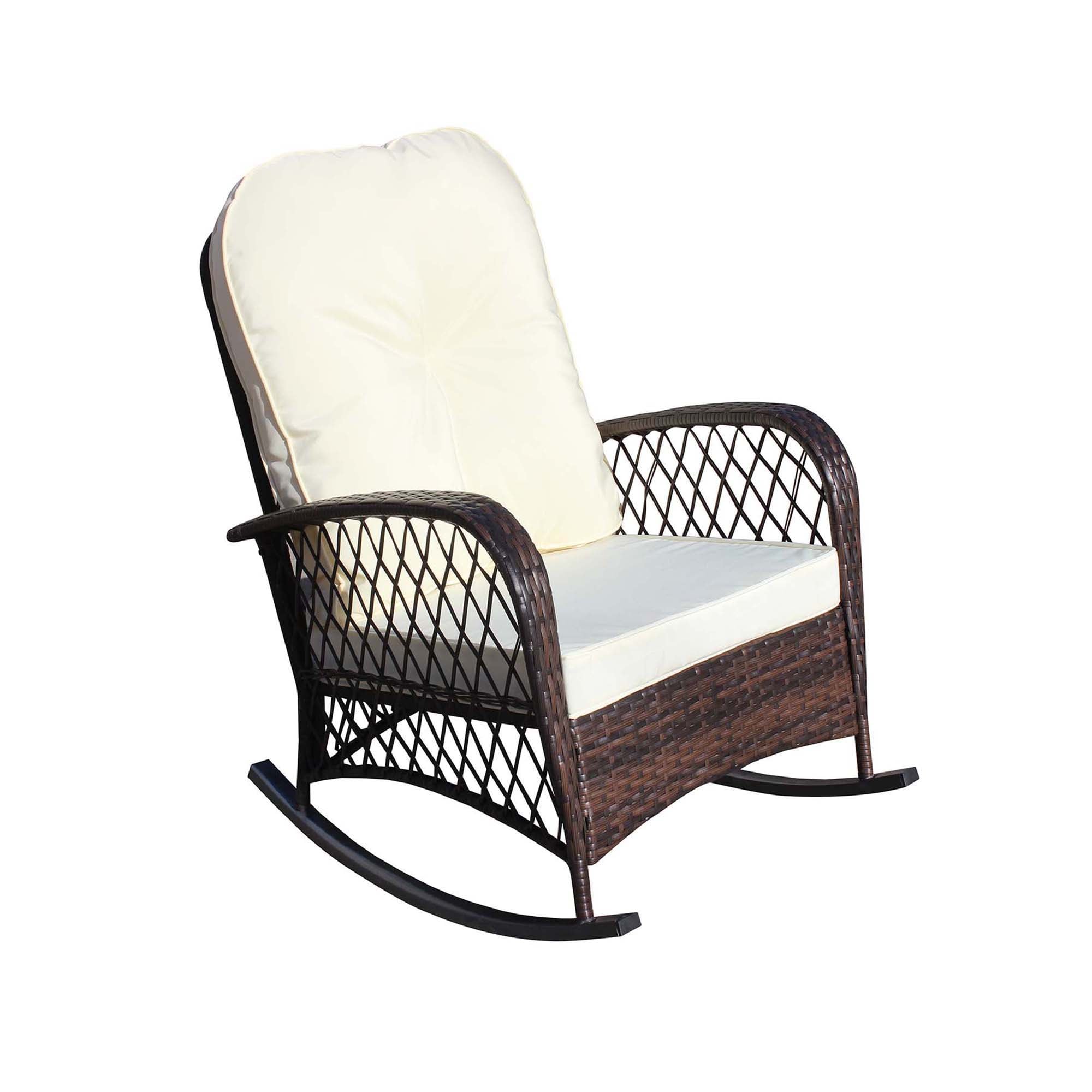 SINOFURN SYA690034BG Rattan Brown Rattan Frame Rocking Chair with Beige Cushioned Seat