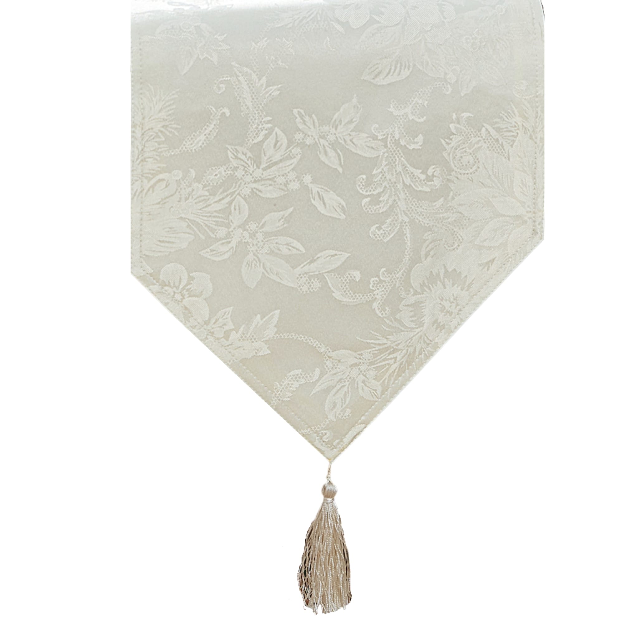 Ivory Polyester Jacquard Holiday Table Runner with Tassels