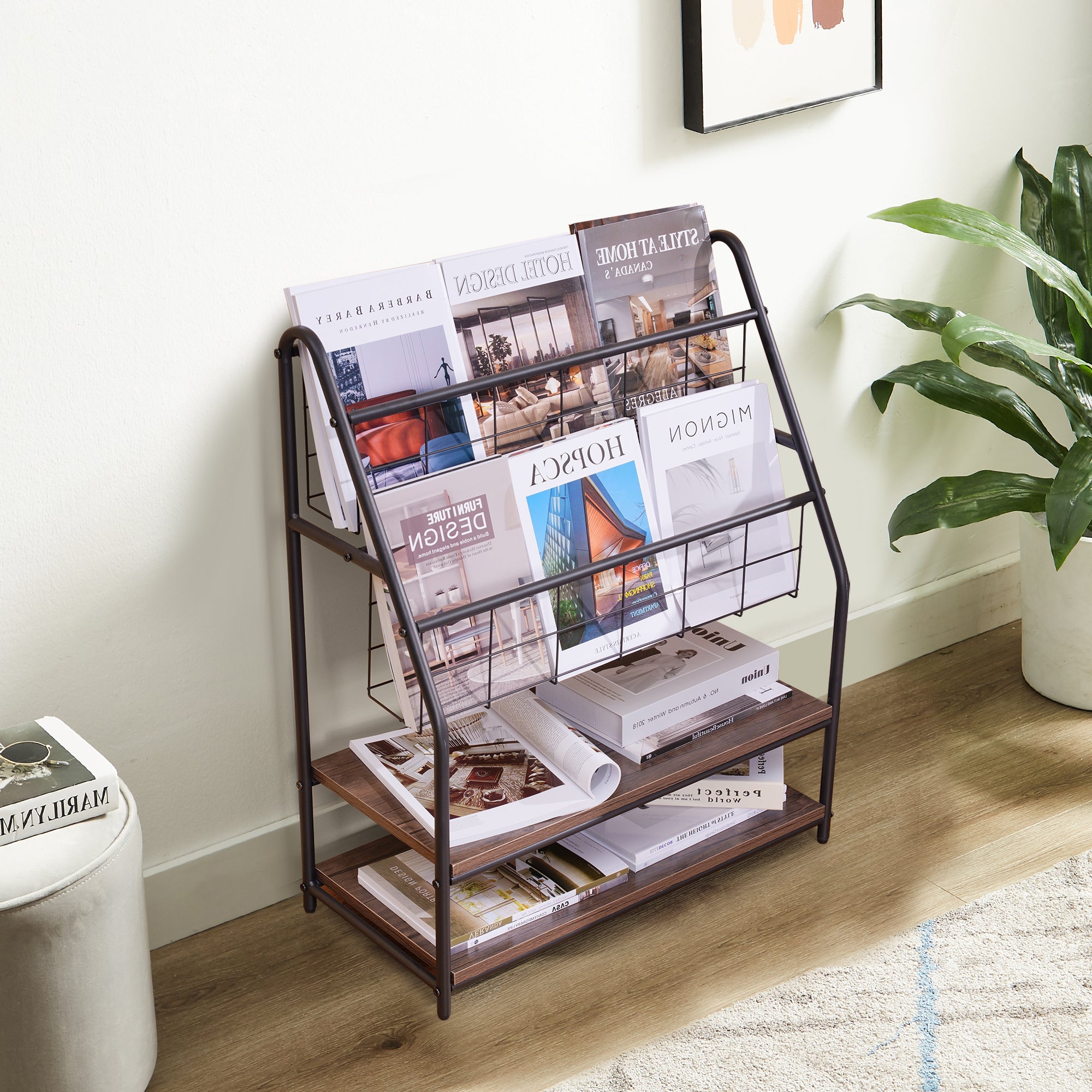 Vecelo LOE-B12-GRY Magazine Holder Floor 2 Tier Metal Magazine Racks Newspaper Display Stand with Board Shelves for Books and Brochure in Home Office