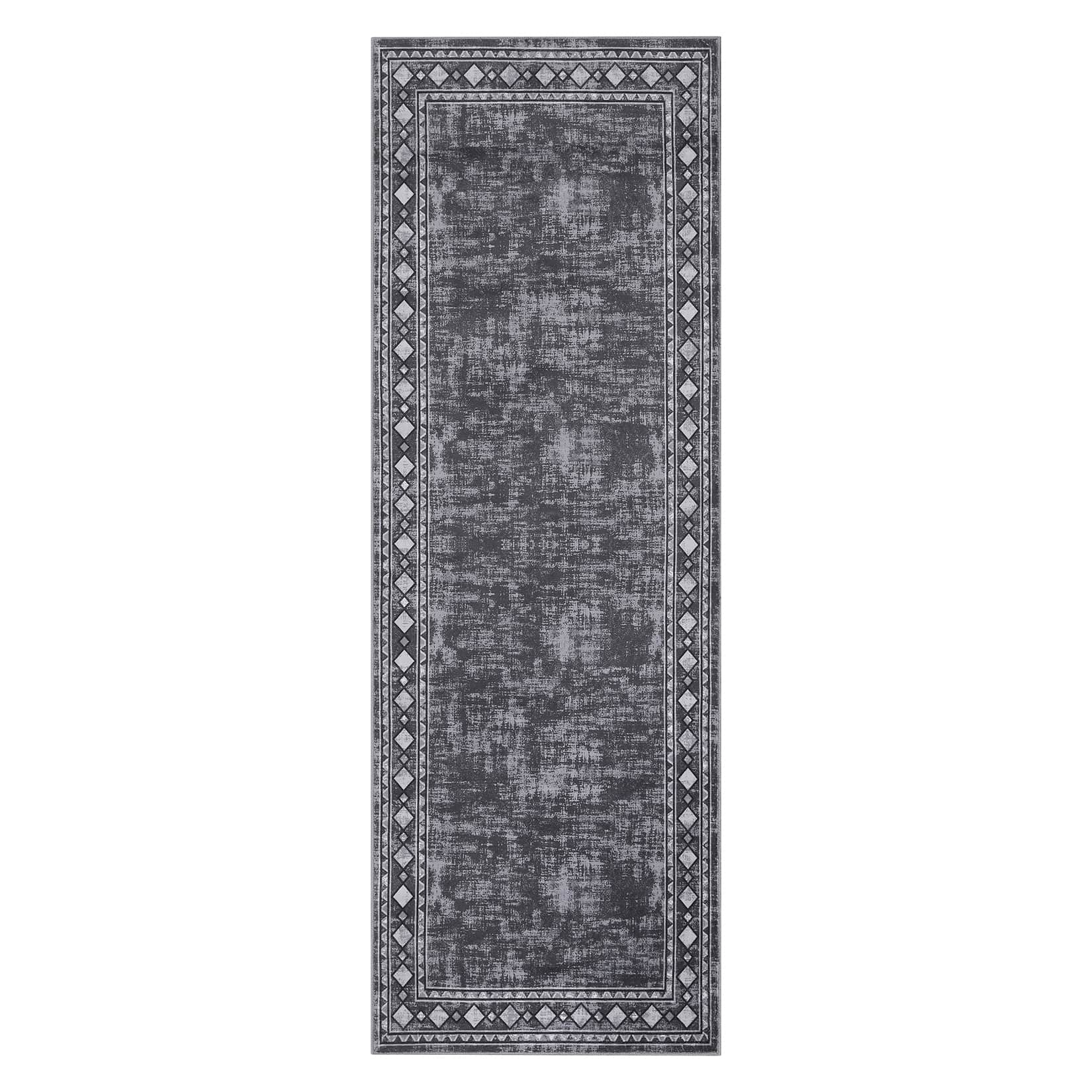 Qeetex SUNNY-PHO-16N7760H 2 x 6 ft Polyester Grey Rectangular Laundry Bathroom Kitchen Geometric Bordered Modern Machine Washable Runner Rug