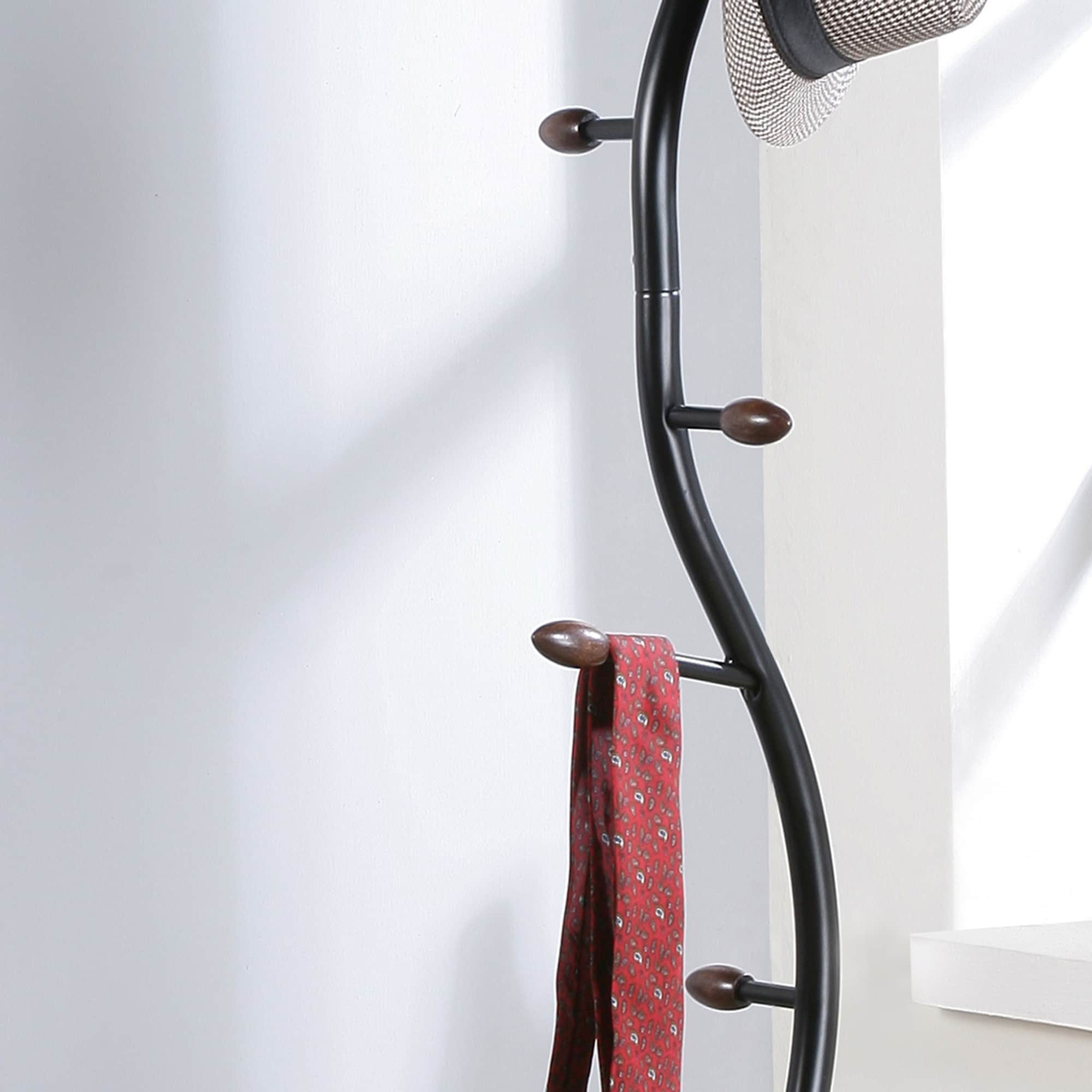 Black Metal Freestanding Coat Rack with Walnut-Tipped Hooks