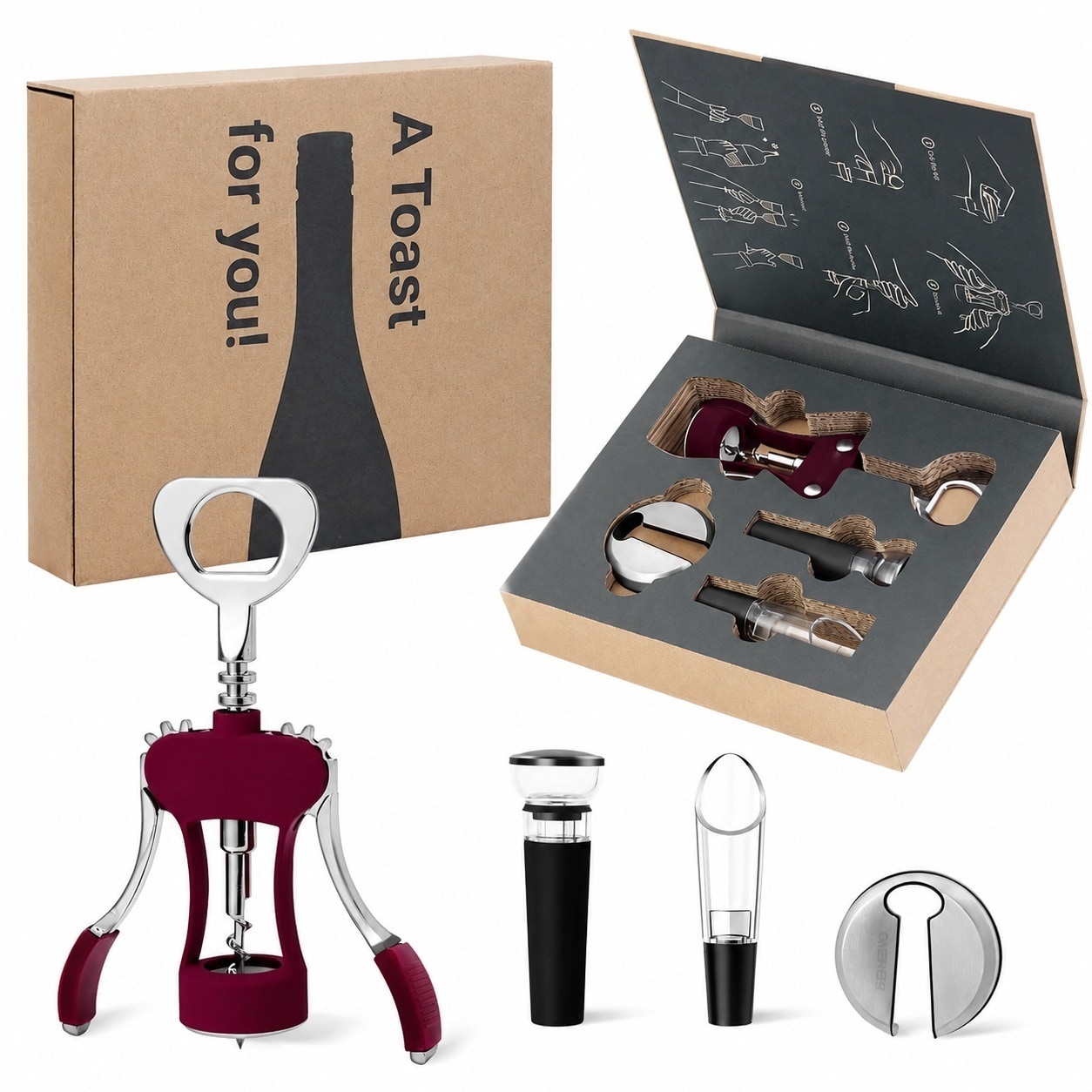 Aoibox  4 Piece Purple Wine Bottle Opener Gift Set with Wing Corkscrew Foil Cutter Vacuum Stopper and Aerator Pourer