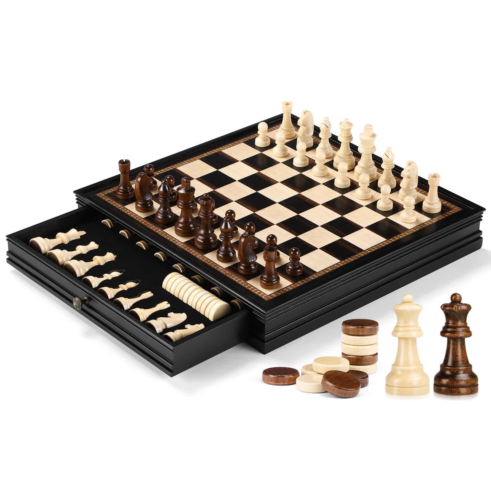 Aoibox 2 in 1 Chess and Checkers Set 15 x 15 x 2.5 Inch Wooden