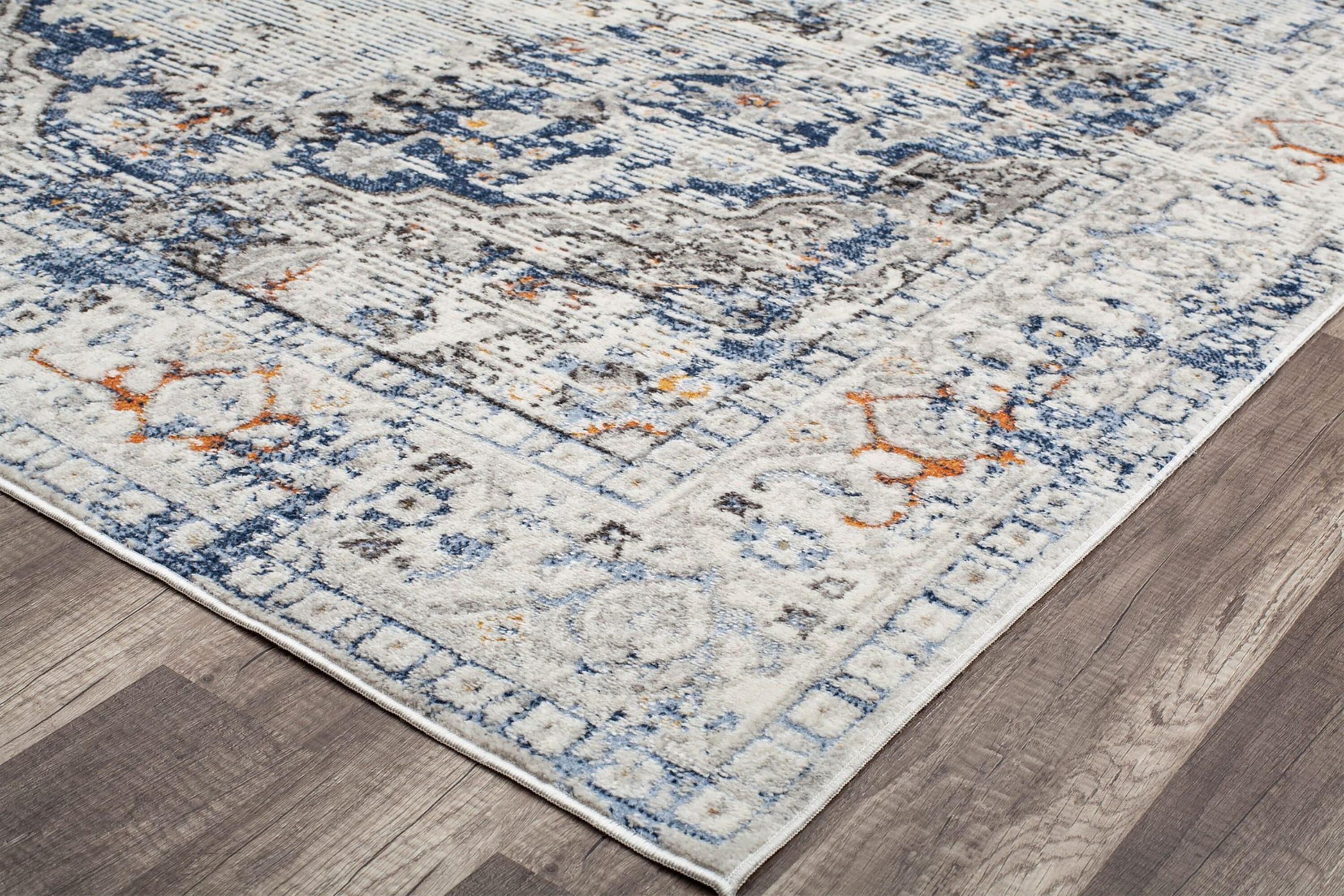 Blue and Gray Vintage Floral Rectangular Area Rug, 8' x 10'