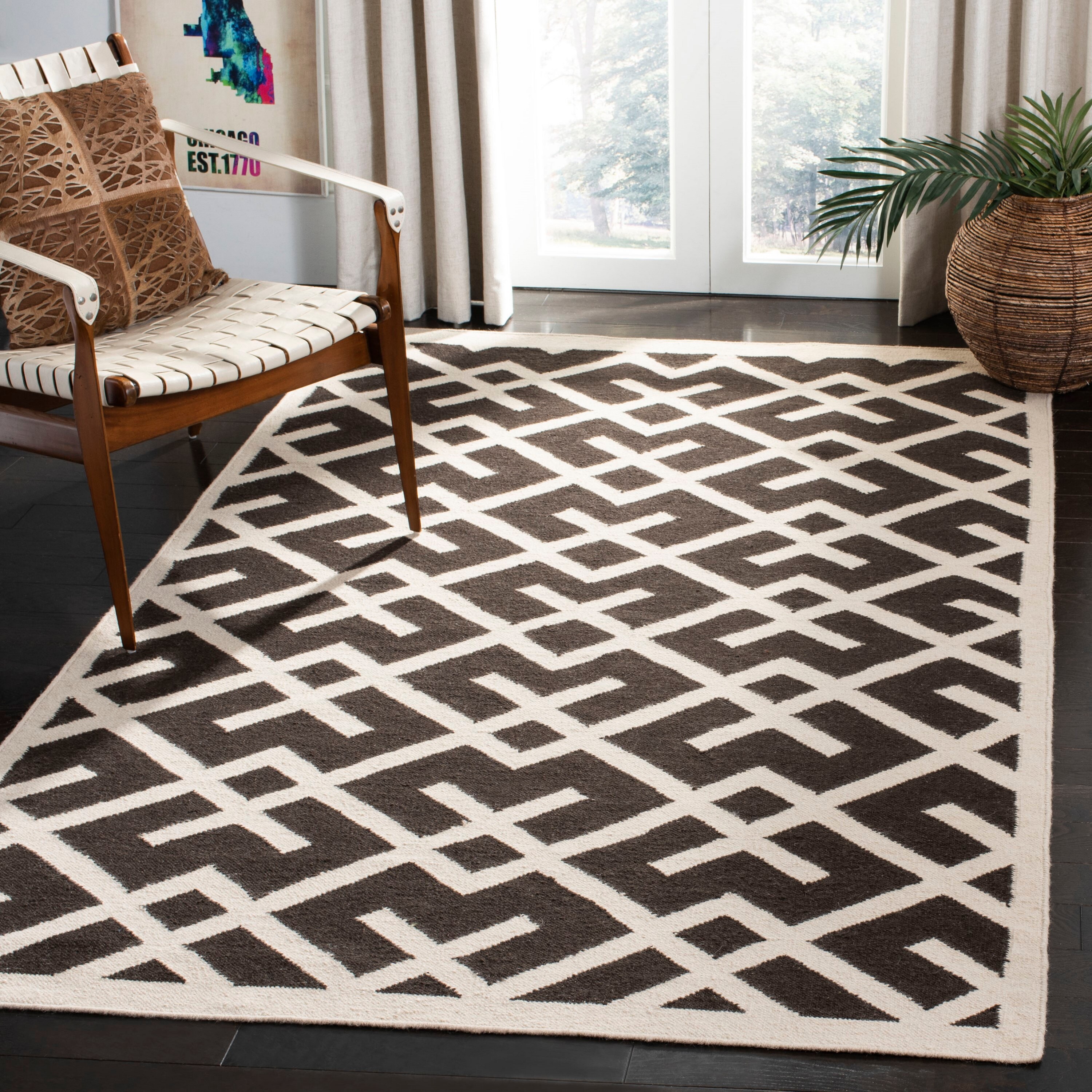 Safavieh DHU552C-3 Dhurries Cesa 3 x 5 (ft) Wool Brown/Ivory Rectangular Indoor Geometric Coastal Throw rug