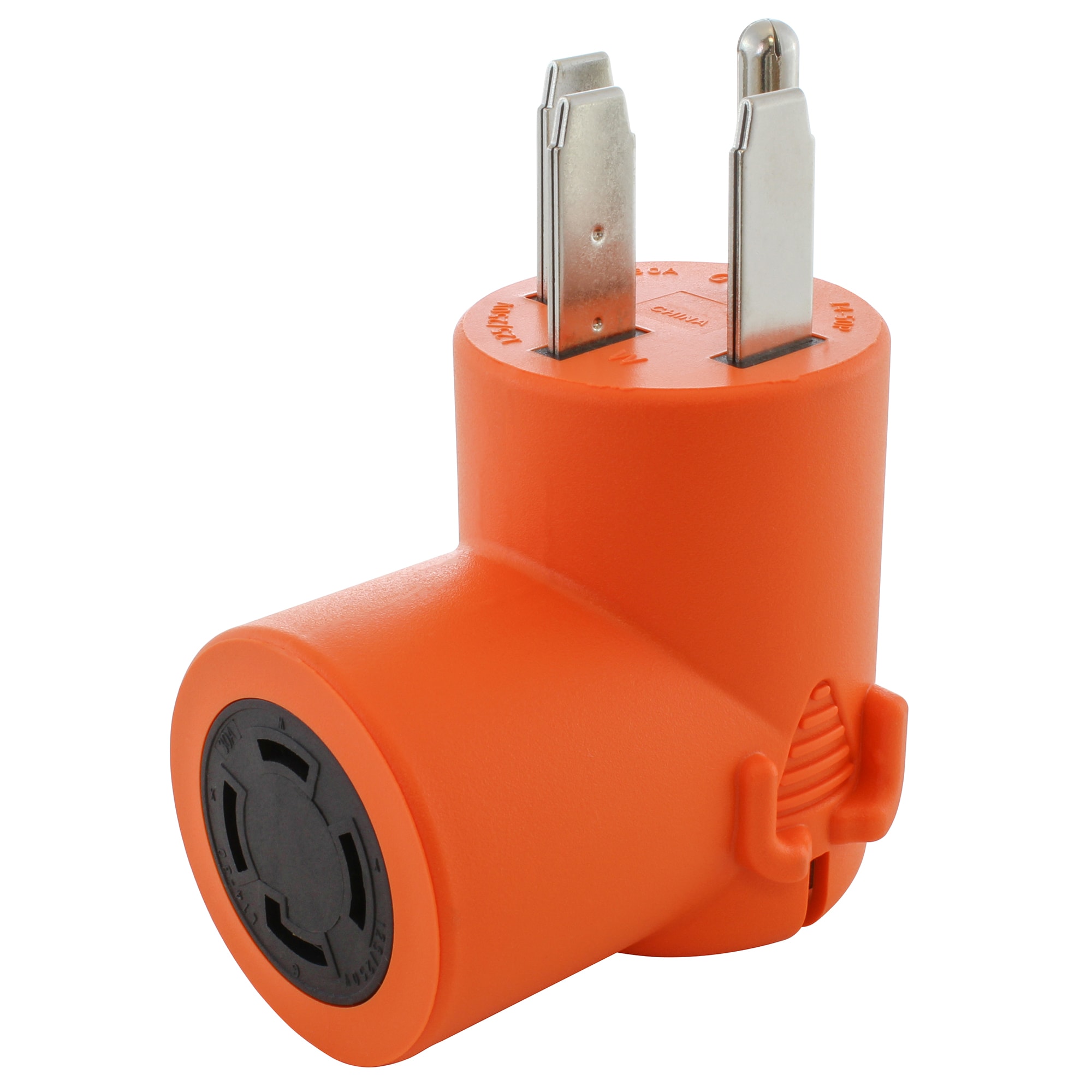 AC WORKS AD1450L1430 NEMA 14-50P to NEMA L14-30R 30 -Amp 4-wire Single to single Orange Basic Elbow Adapter