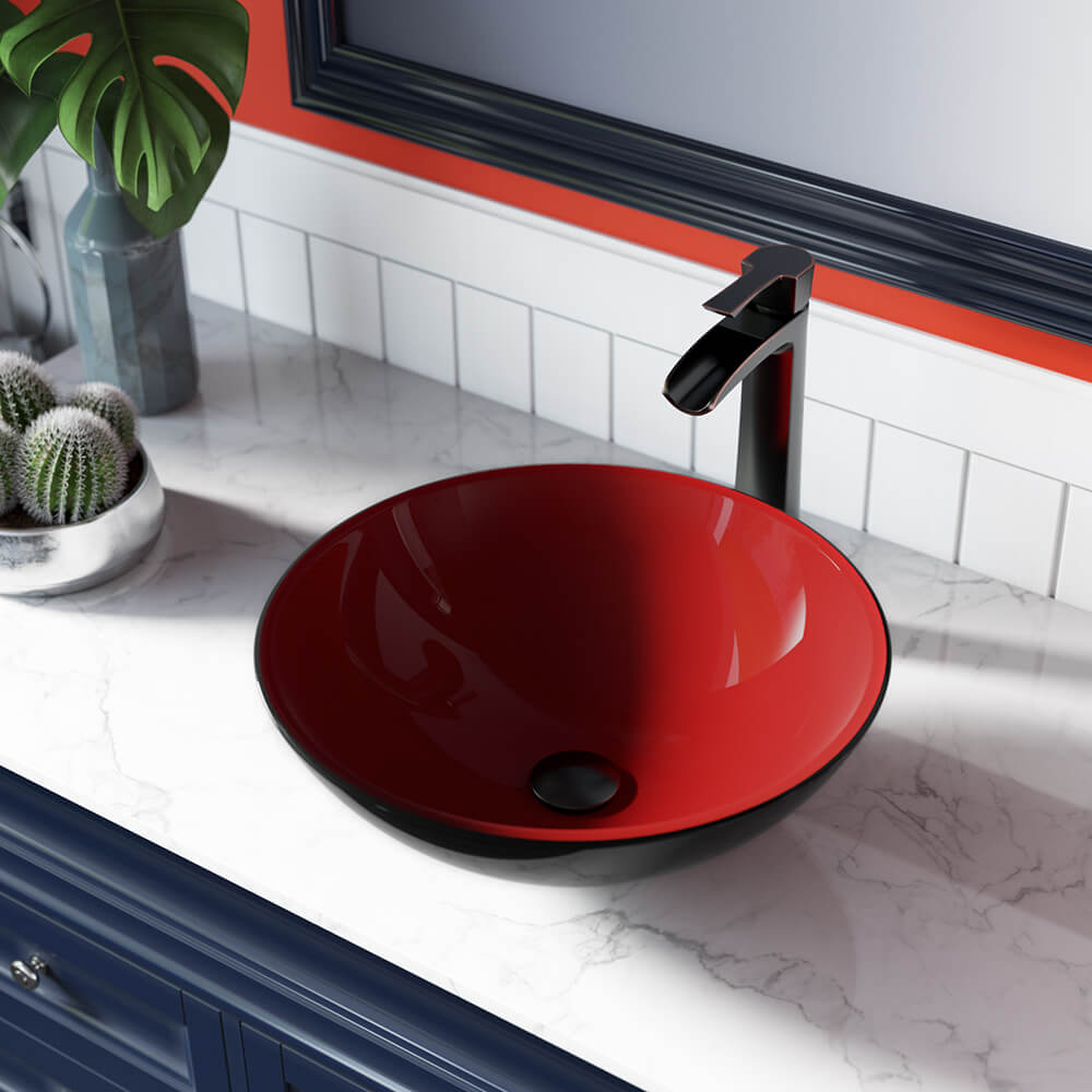 MR Direct Red/Black Tempered Glass Vessel Round Modern Bathroom Sink ...