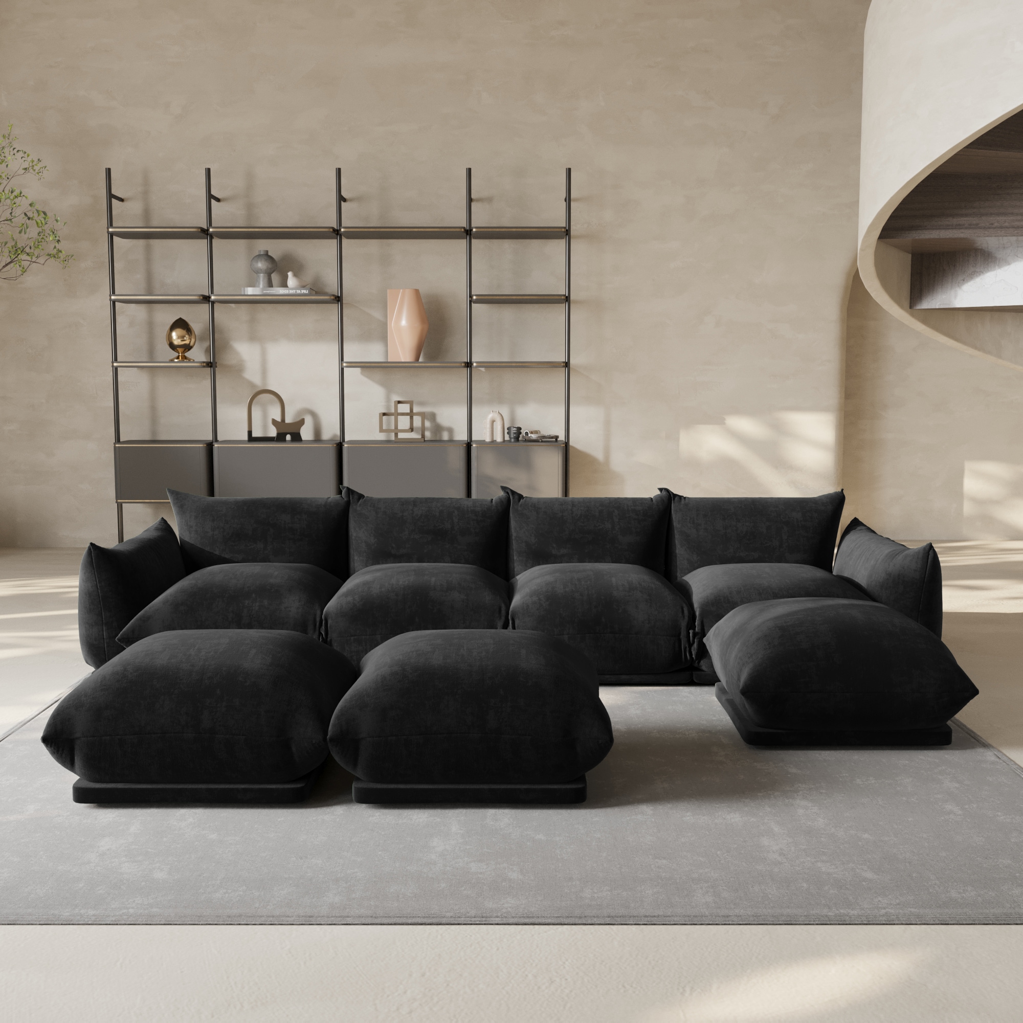 BuotiqHom DH-A-119BK-S4+3 131-in Modern Black Chenille 4 -seater Sectional