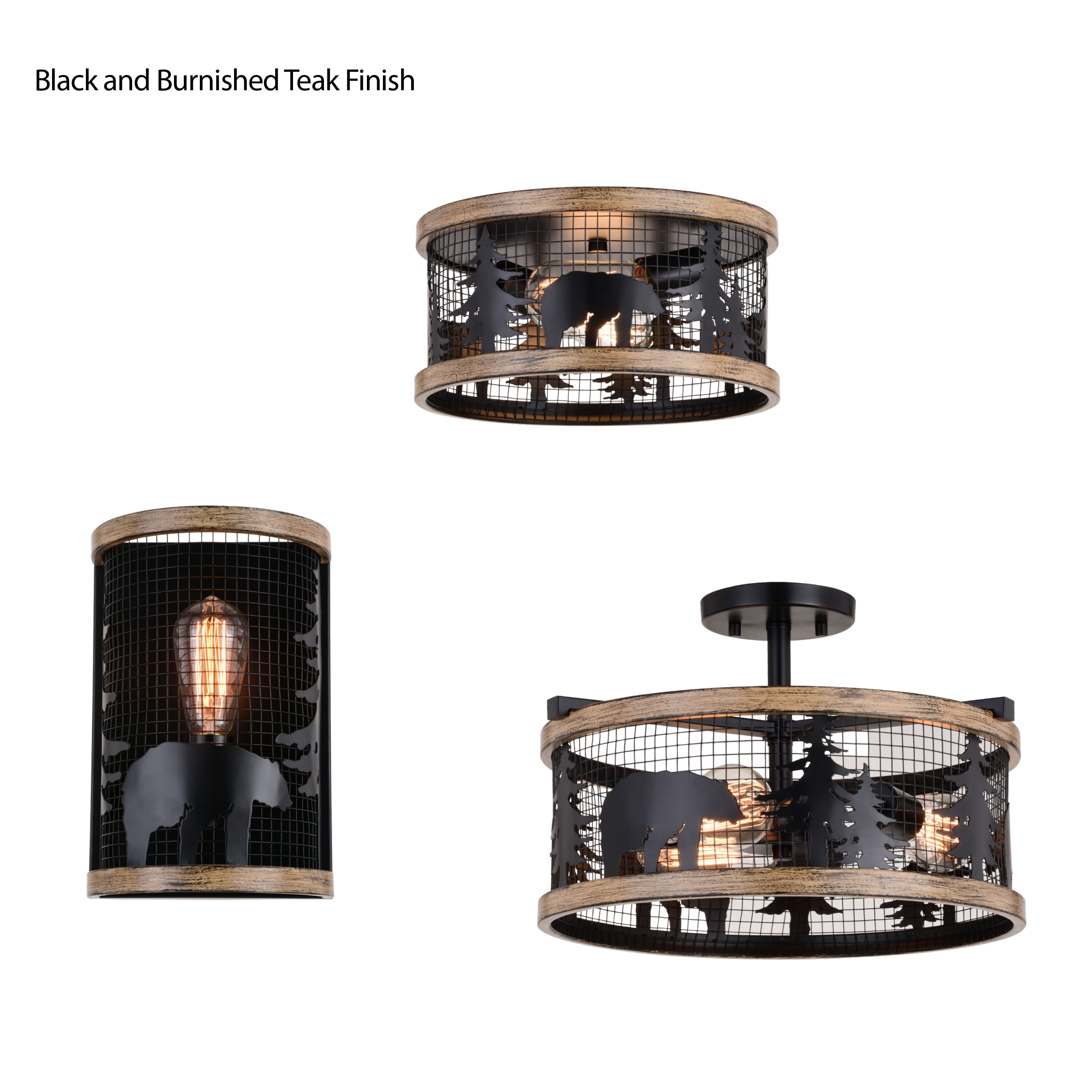 Kodiak Rustic Black and Teak 16" Drum Ceiling Light
