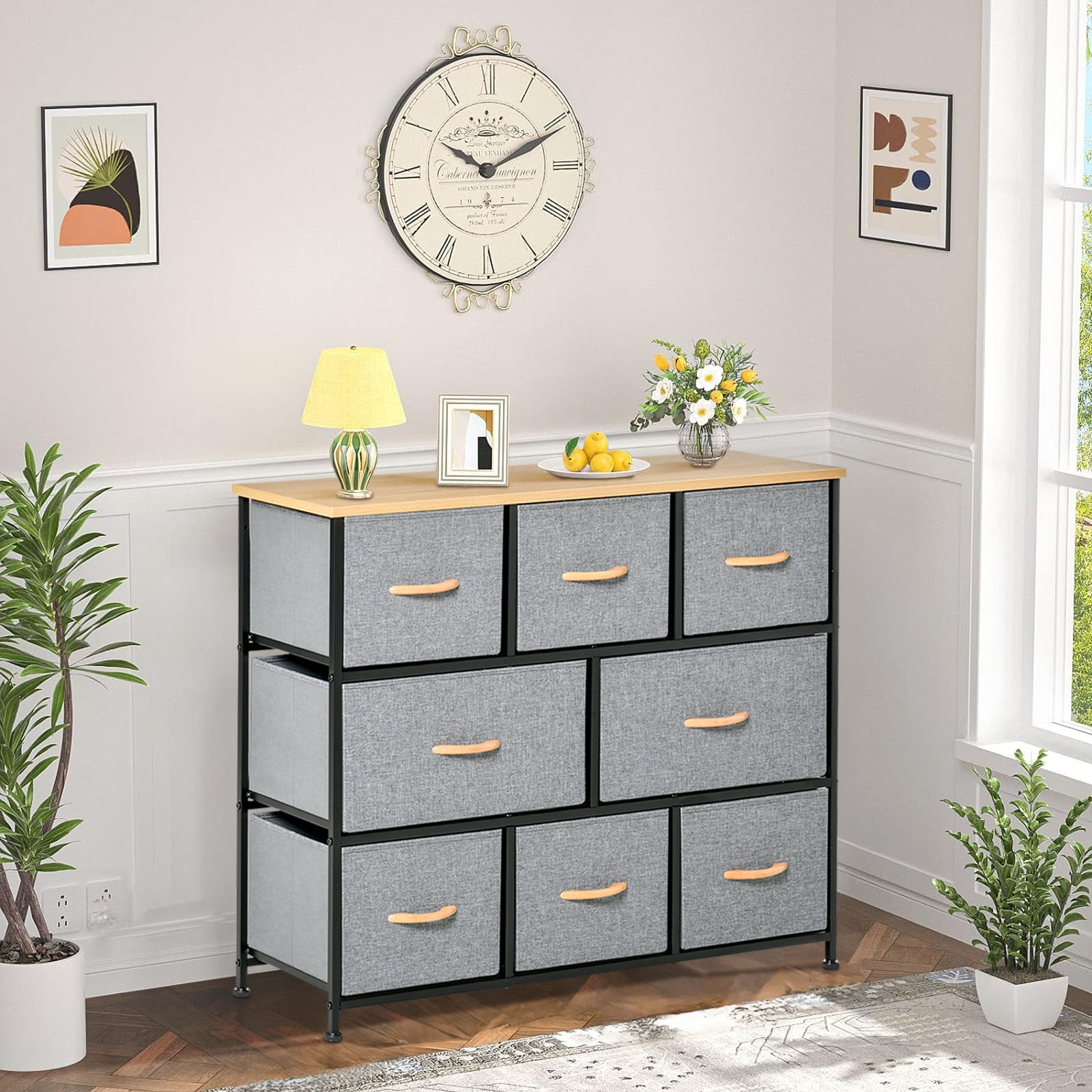 Light Grey 8-Drawer Fabric Storage Chest with Wood Top