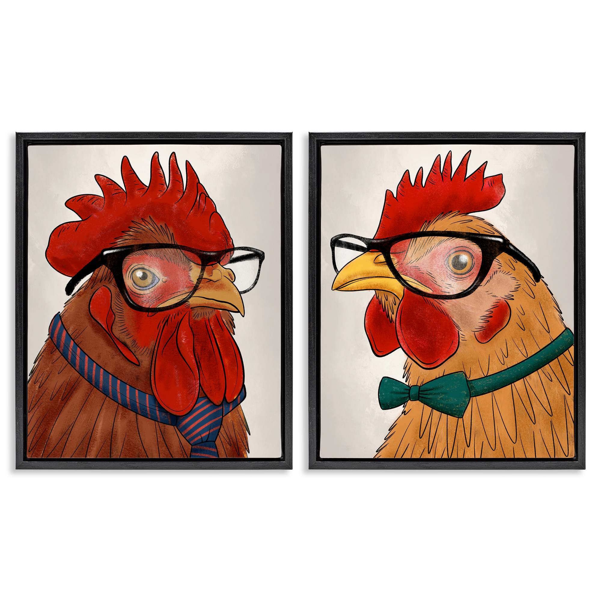 Stupell Industries B2-721-FFB-2PC-16X20 Quirky Hipster Roosters 2pc Floating Frame Set Design by Marcus Prime