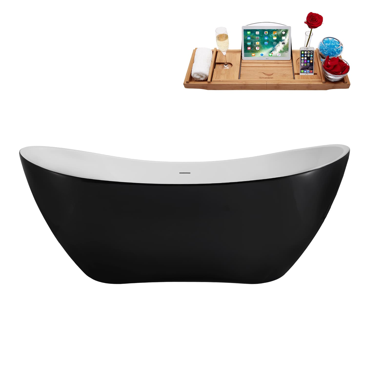 Streamline 71 inch  Soaking Glossy Black Freestanding Tub and Tray With Internal Drain in Matte Black