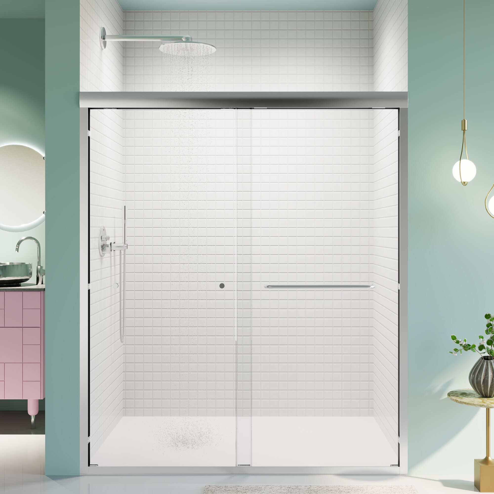 Dexmalle W1552P143495 Chrome 56-in to 60-in W x 70-in H Semi-Frameless Double Sliding Shower Door 1/4-in Thick Clear Tempered Glass