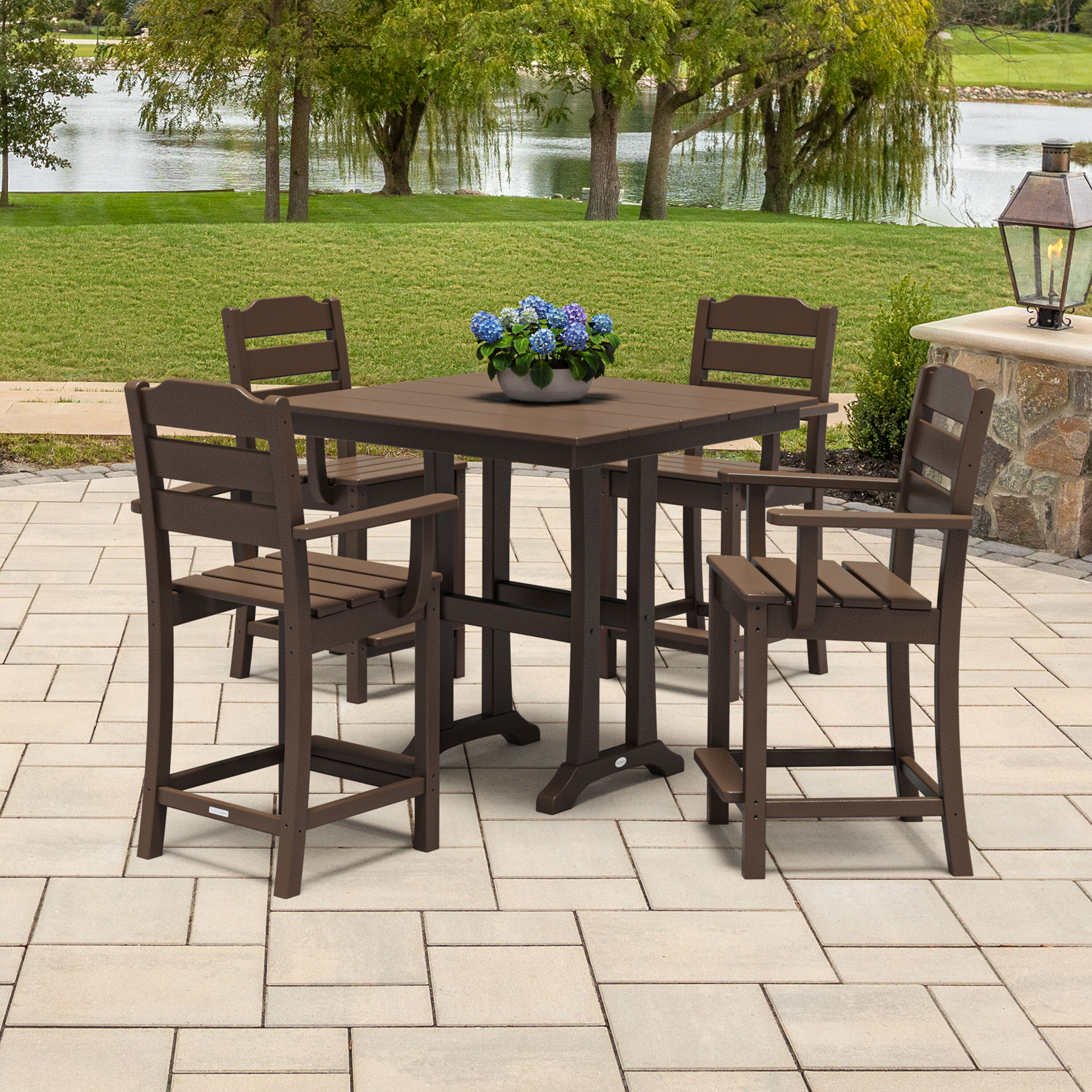 POLYWOOD PWS2536-1-MA Oakport 5 -Piece Mahogany Balcony Height Patio Dining Set Plastic Square Table with 4 Stationary Chairs