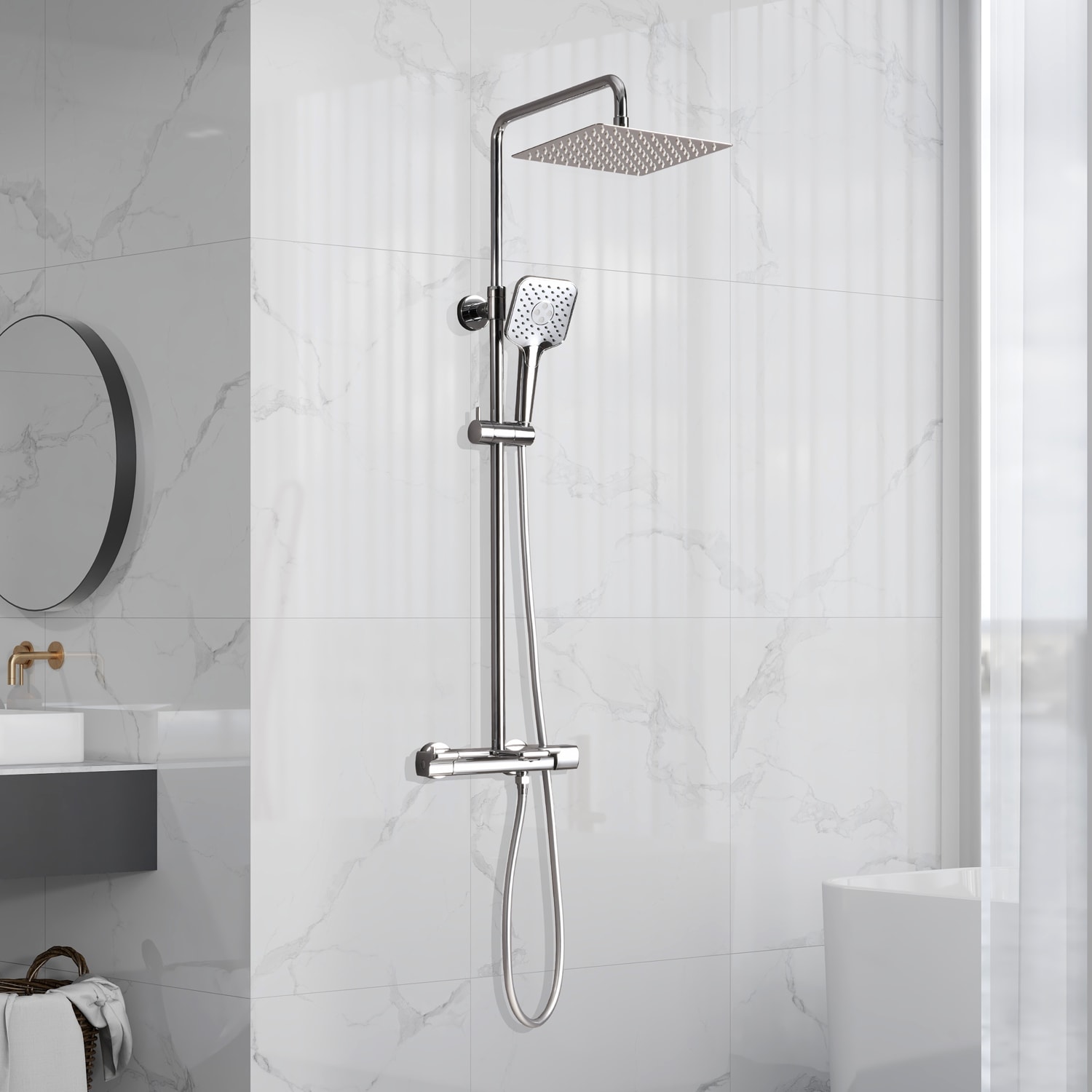 Pouuin Ob Chrome Waterfall Shower Faucet Bar System with 4-way Diverter Valve Included