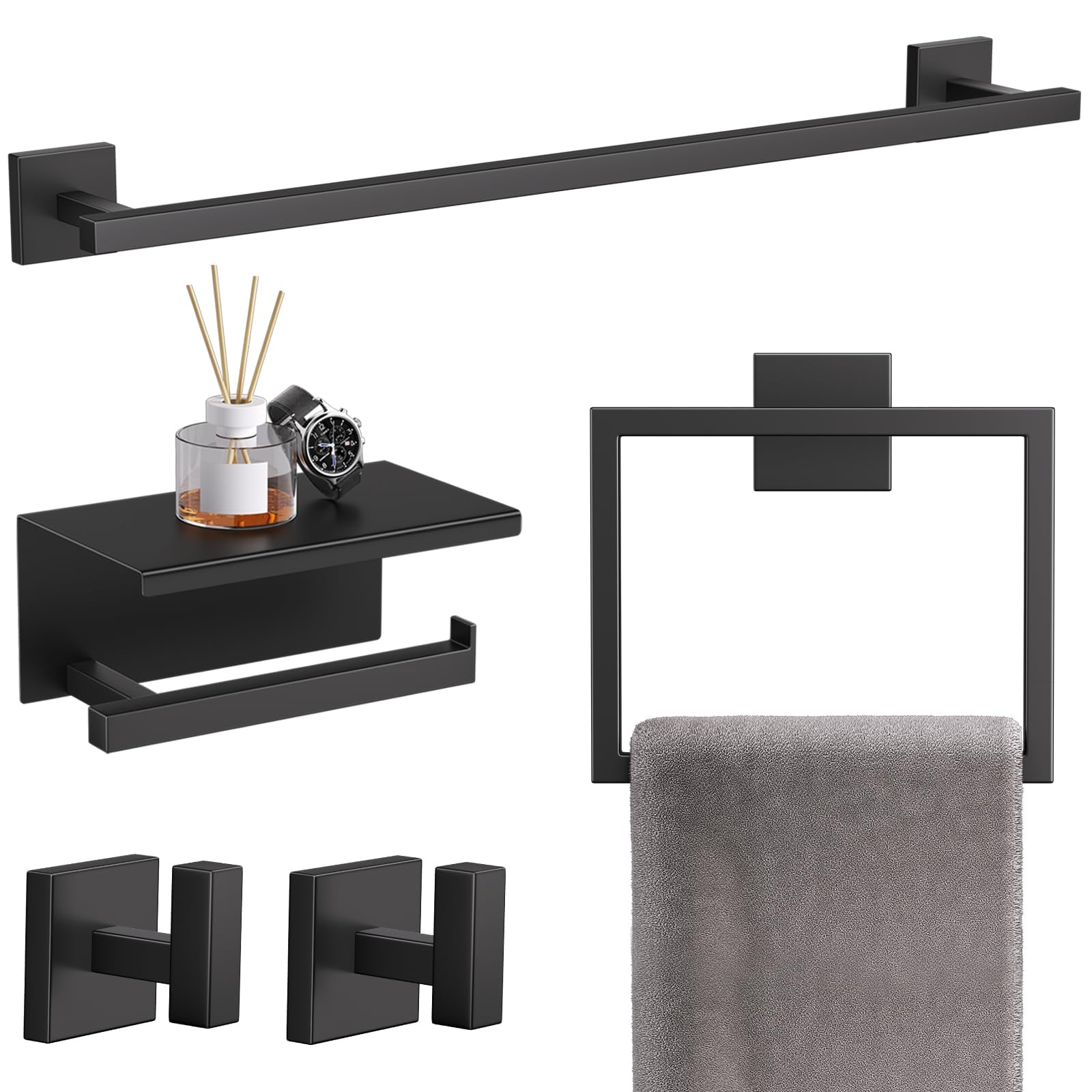 TNSO - Matte Black 5 Pieces Set SUS304 Stainless Steel Bathroom Hardware Set Wall Mounted Towel B...
