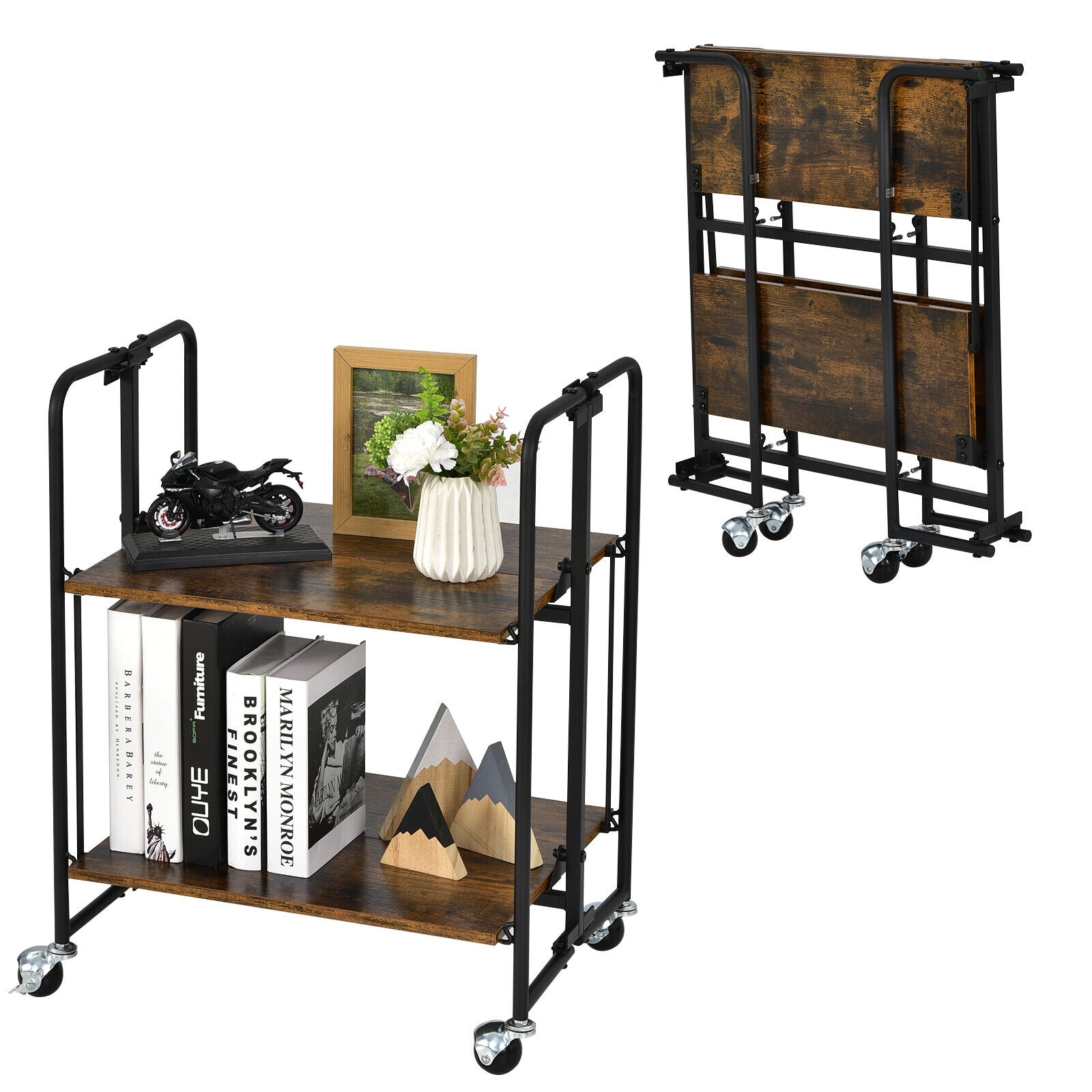 Slickblue Rustic Brown Engineered Wood Finish - 2 tier Rolling Cart with Foldable Design and Lockable Wheels for Kitchen Dining or Entryway