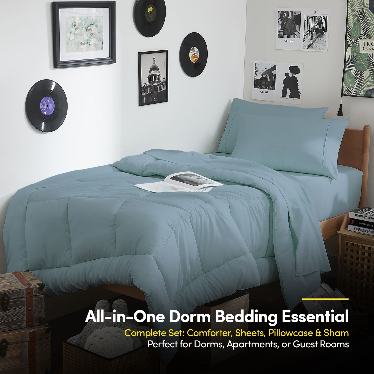Sweet Home Collection 7PC Campus Ready Dorm Twin XL Bedding Bundle Solid Comforter Pillows and Sheet Set Misty Blue