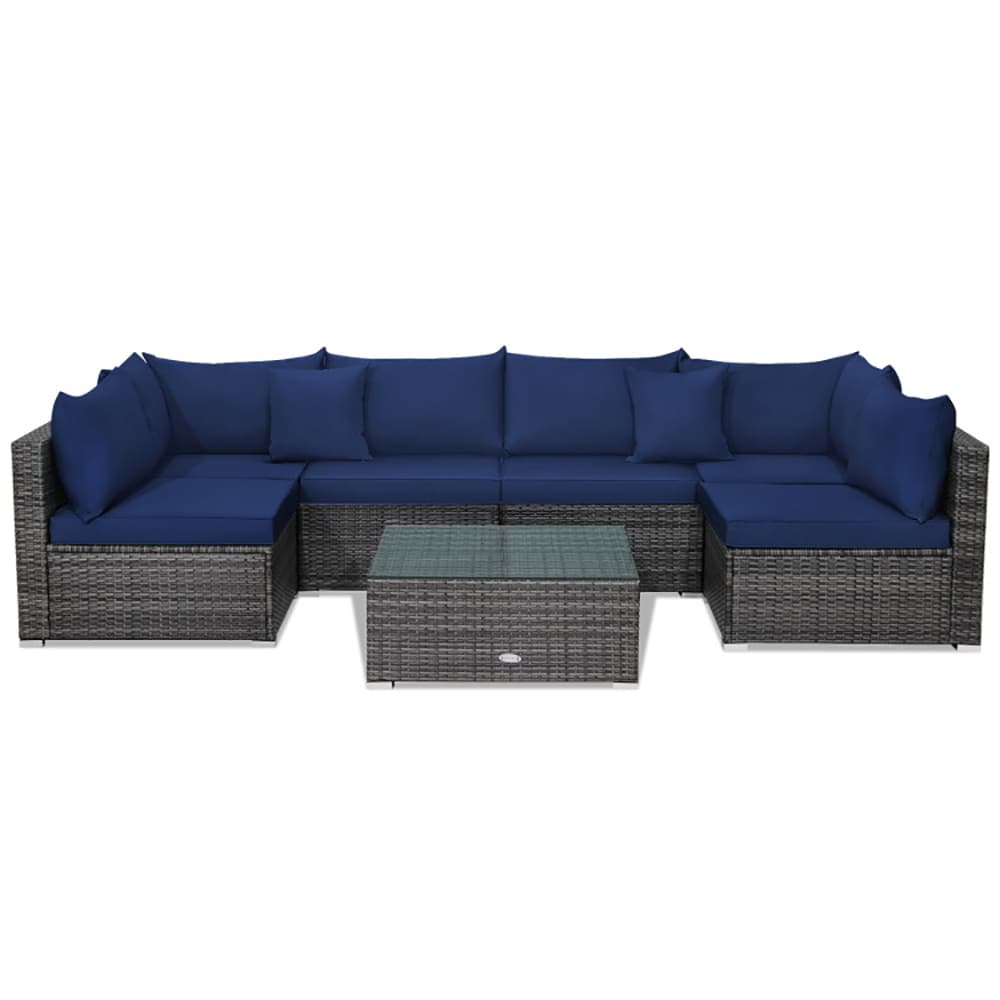 CASAINC WF-SM-KF-SF325NY 7 -Piece Rattan Patio Conversation Set with Navy Cushions