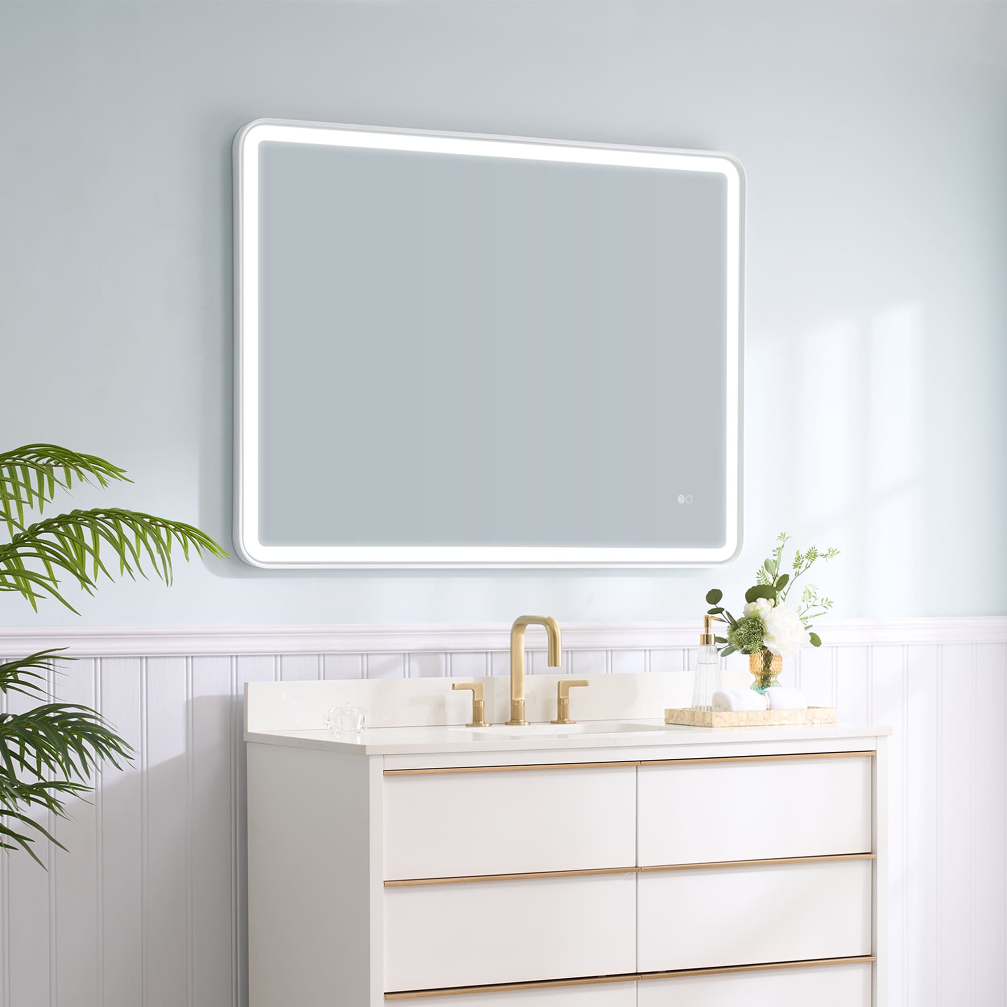 Forclover JSEXHY4024-4X 48-in x 36-in Framed Rectangle Dimmable Lighted Fog Free Bathroom Vanity Mirror ( White )